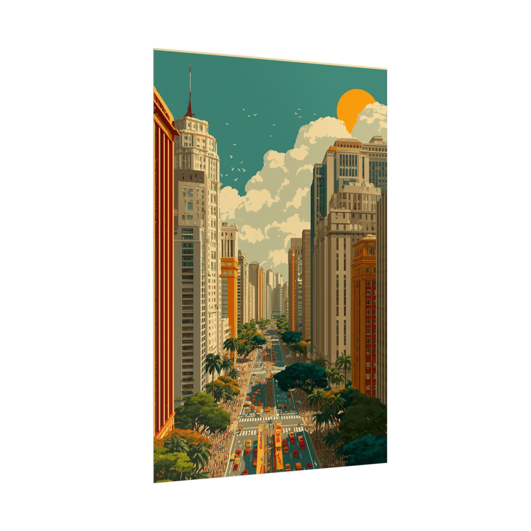 Urban Vibrancy: Retro Sao Paulo Skyline, Mid-Century Modern Cityscape   |    Custom Orders Available