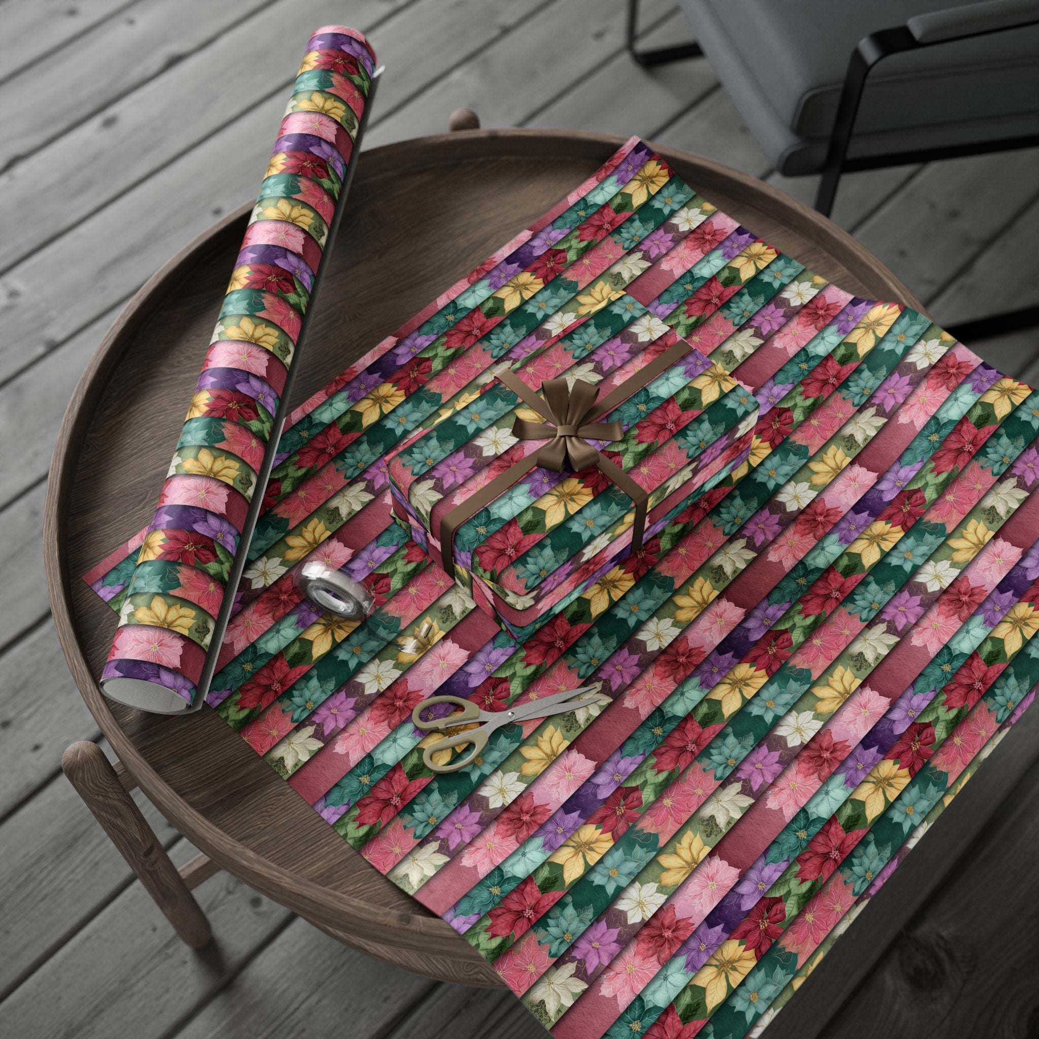 Floral Poinsettia Wrapping Paper — Festive Multicolor Holiday Gift Wrap Roll