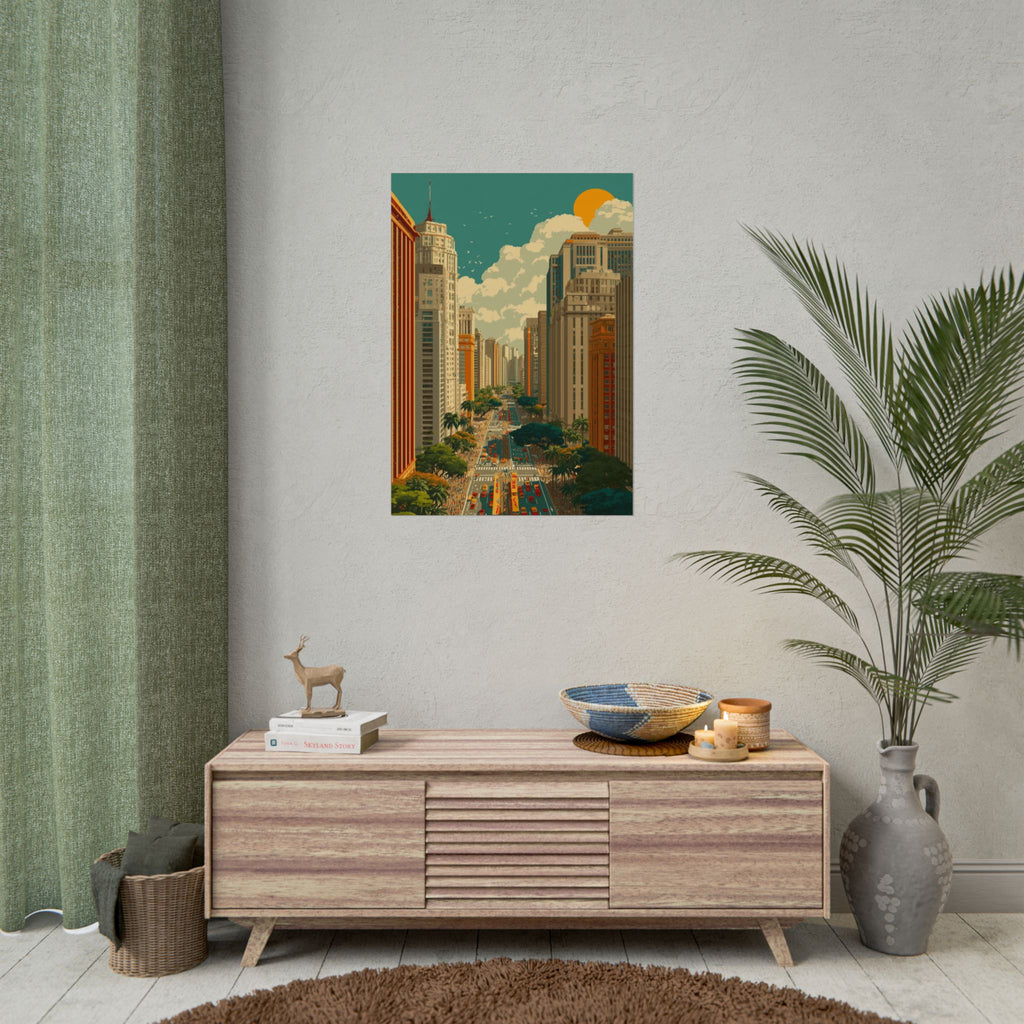Urban Vibrancy: Retro Sao Paulo Skyline, Mid-Century Modern Cityscape   |    Custom Orders Available