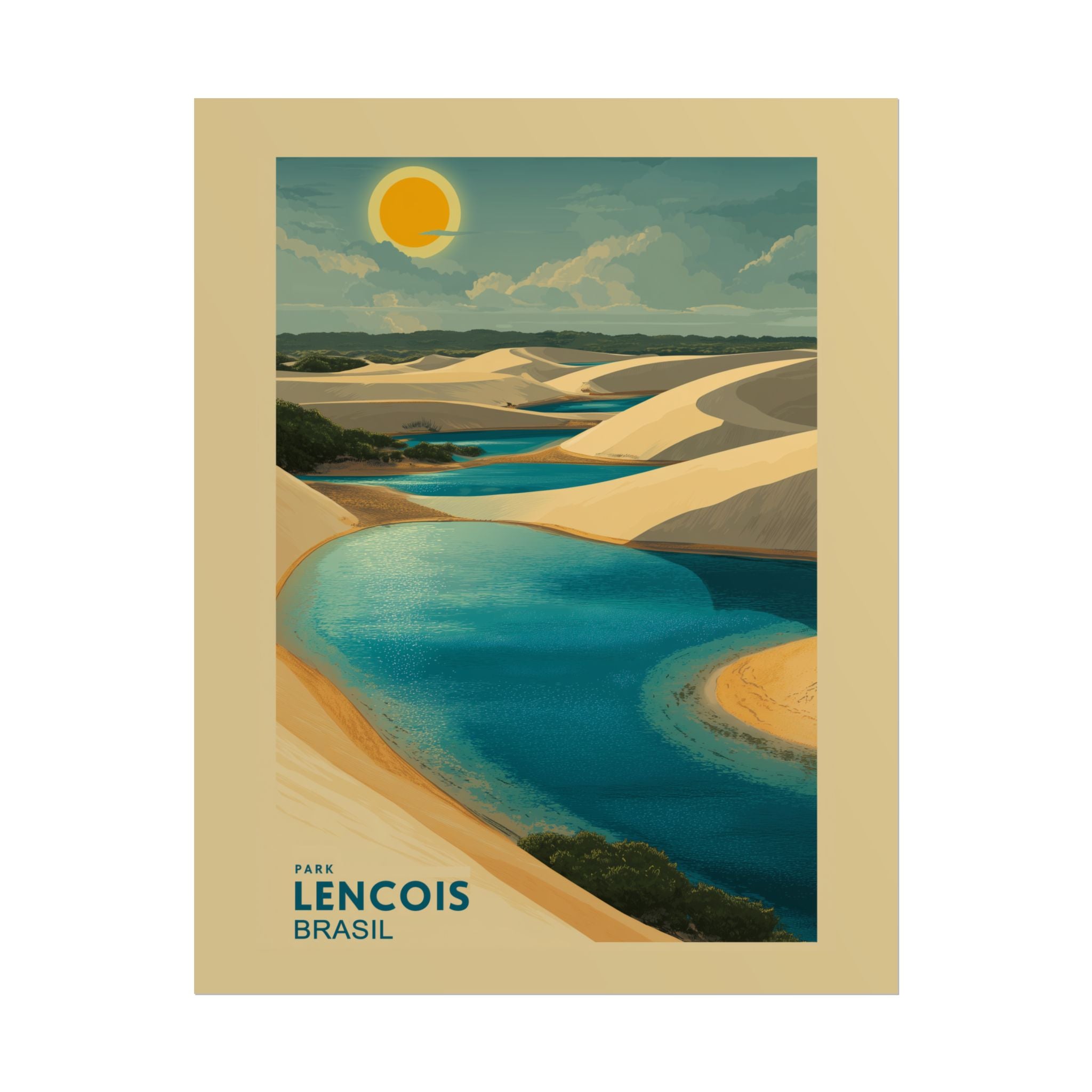 Lençois Park Dreamscape: Golden Dunes and Turquoise Waters, Vintage Travel Poster Panorama   |    Custom Orders Available
