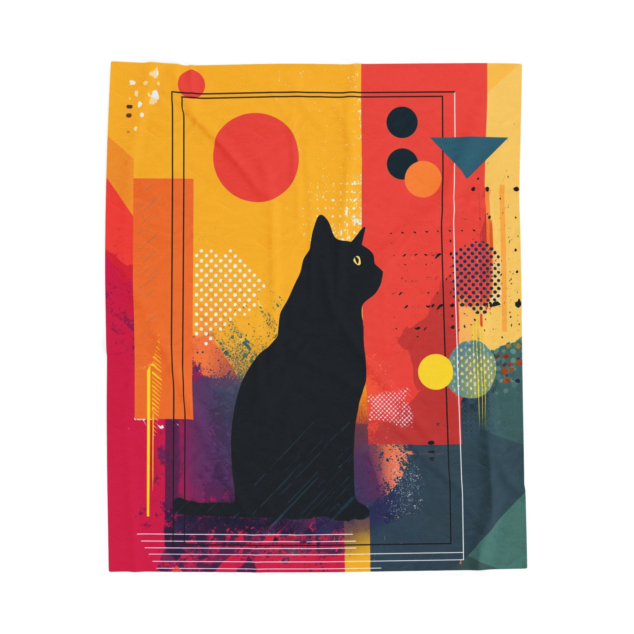 Feline Geometrica Blanket: Black Cat Silhouette, Abstract Color Blocks, Modern Graphic Design   |  Personalized & Custom Orders Available