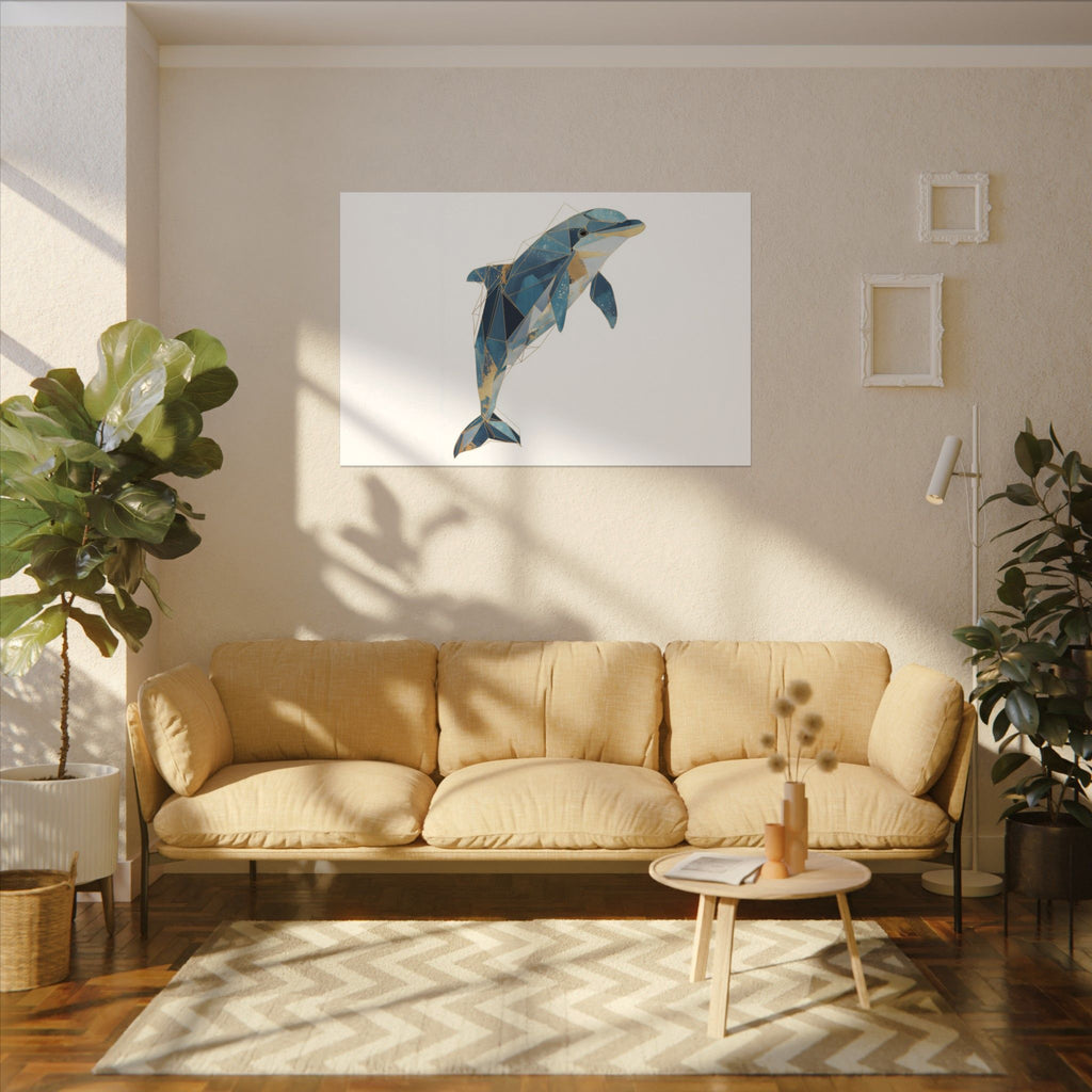 Celestial Dolphin: Geometric Marine Art, Low-Poly Oceanic Design, Blue and Gold Abstraction   |  Personalized & Custom Orders Available