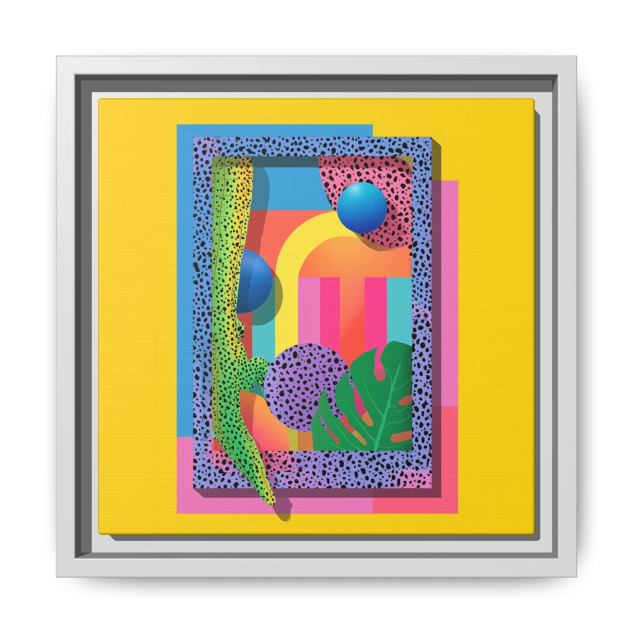 Geometric Rhythms: Abstract Layers of Color, Dimensional Shapes and Tropical Elements, Vibrant Modern Art Composition   |   Custom Orders