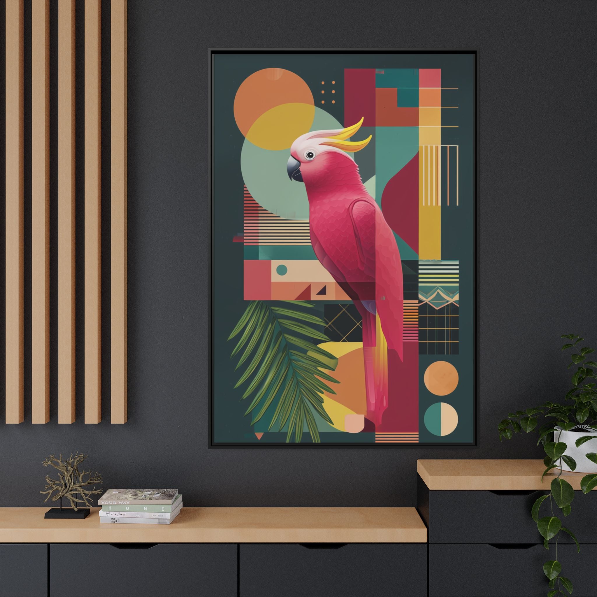 Cockatoo in Geometric Bloom: Mid-Century Modern Art, Tropical Abstract Design   |    Custom Orders Available
