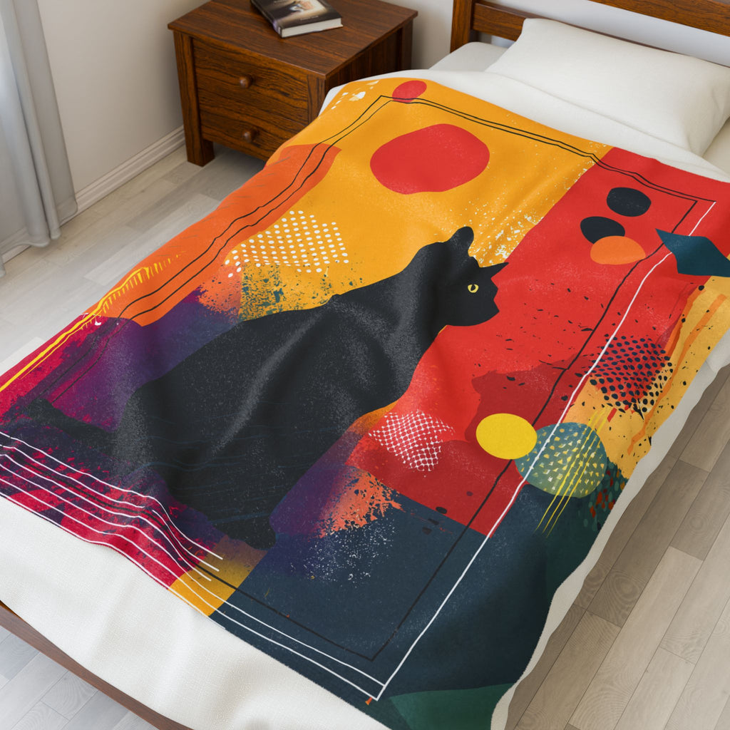 Feline Geometrica Blanket: Black Cat Silhouette, Abstract Color Blocks, Modern Graphic Design   |  Personalized & Custom Orders Available