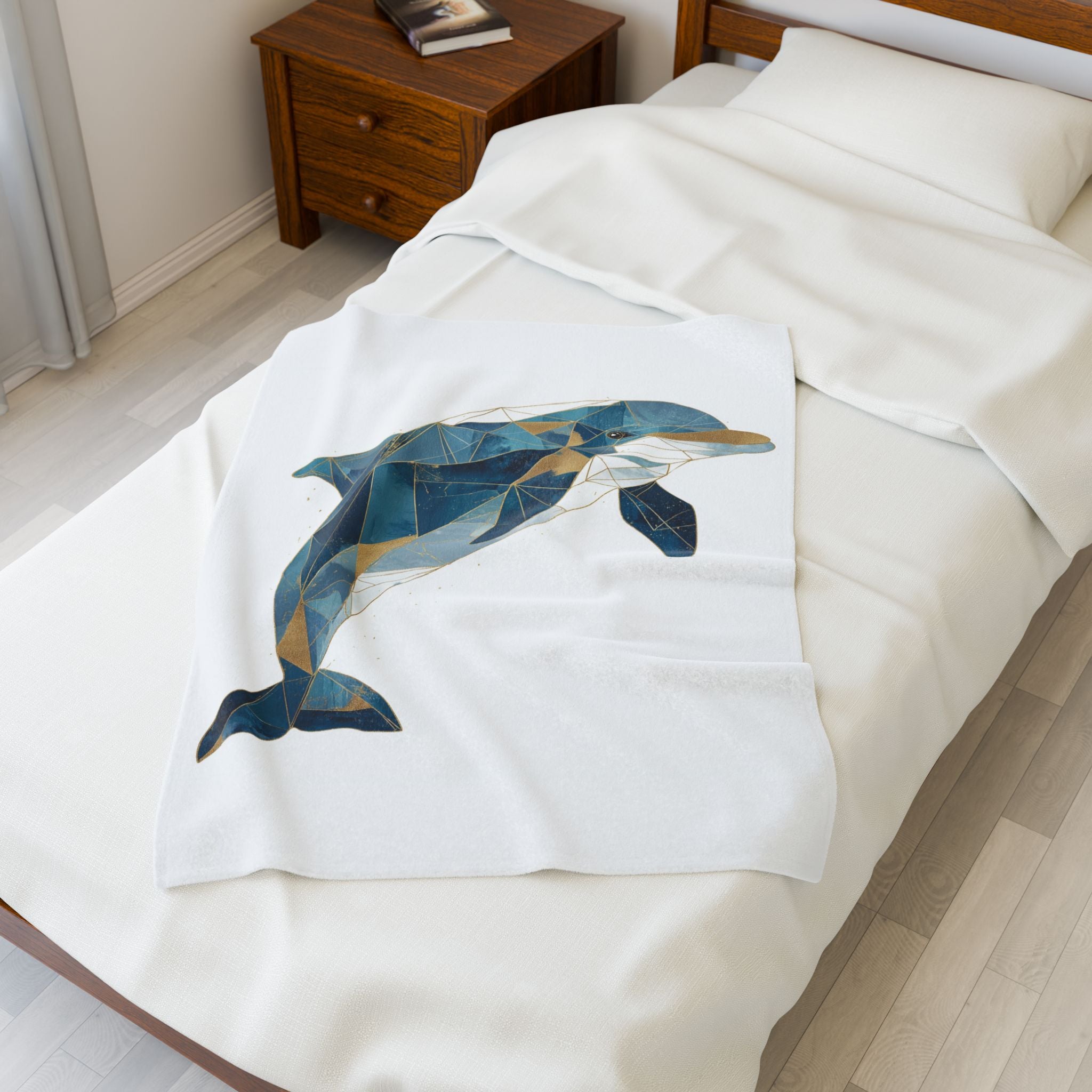 Geometric Dolphin Bedding , Modern Mosaic Art, Blue and Gold Fragmentation   |  Personalized & Custom Orders Available