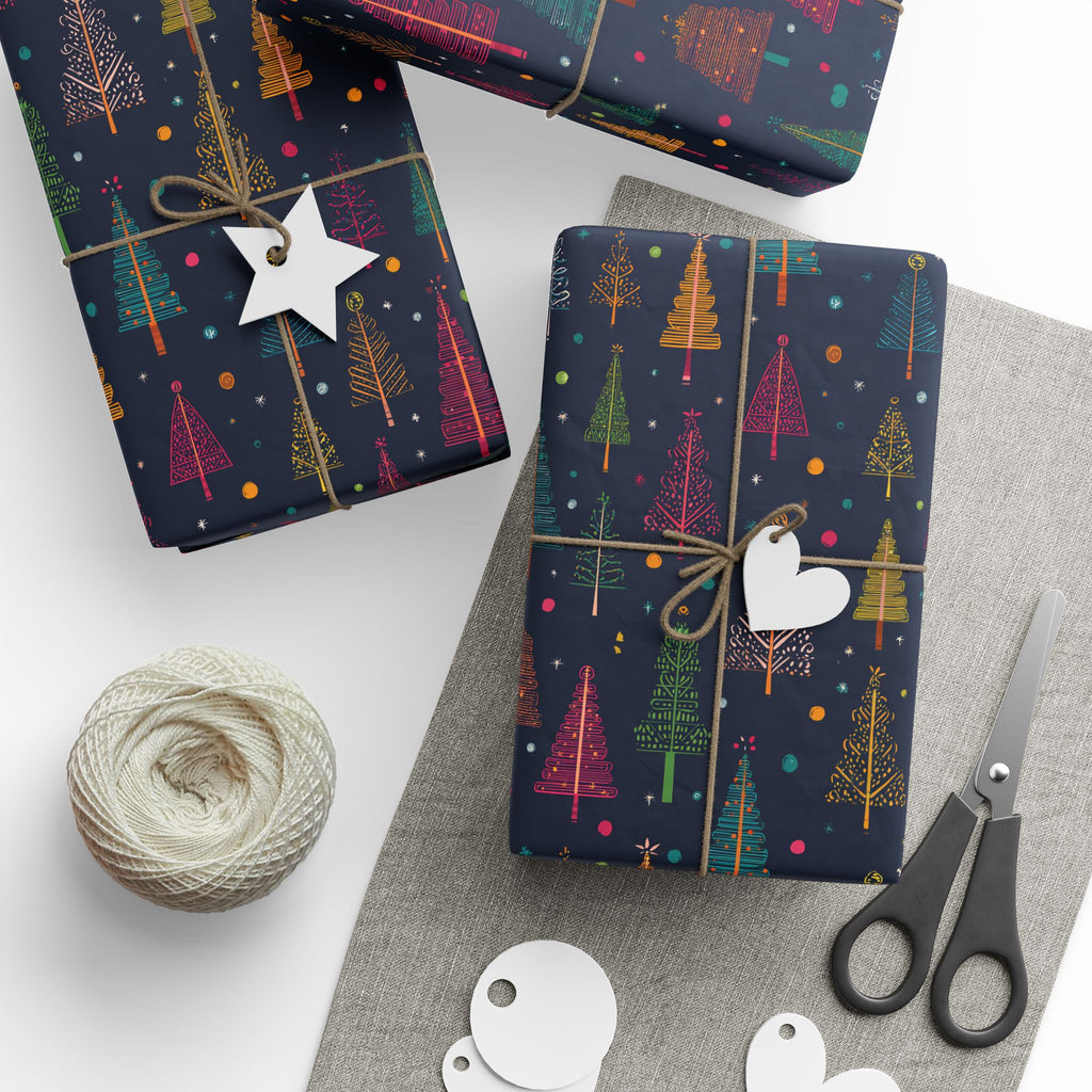 Christmas Tree Wrapping Paper Roll – Dark Navy Holiday Gift Wrap with Colorful Trees