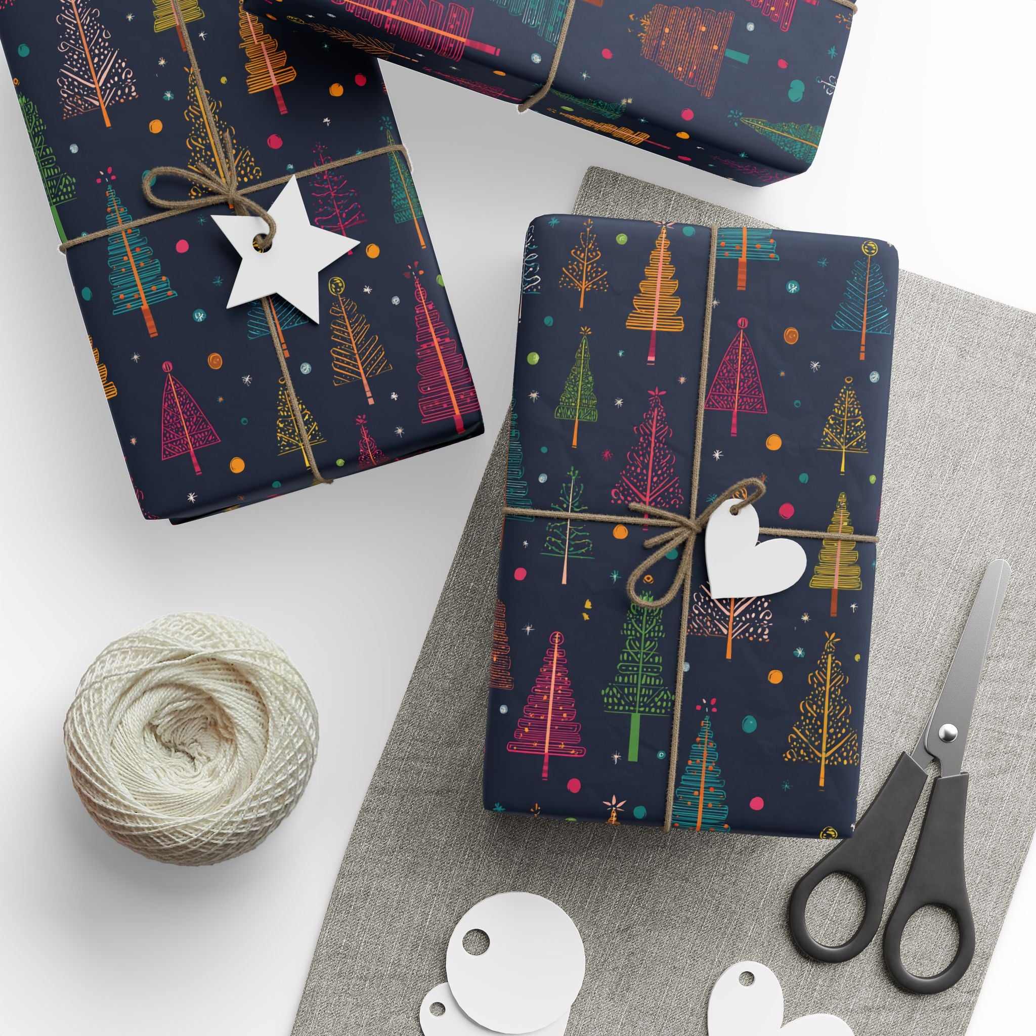 Christmas Tree Wrapping Paper Roll – Dark Navy Holiday Gift Wrap with Colorful Trees