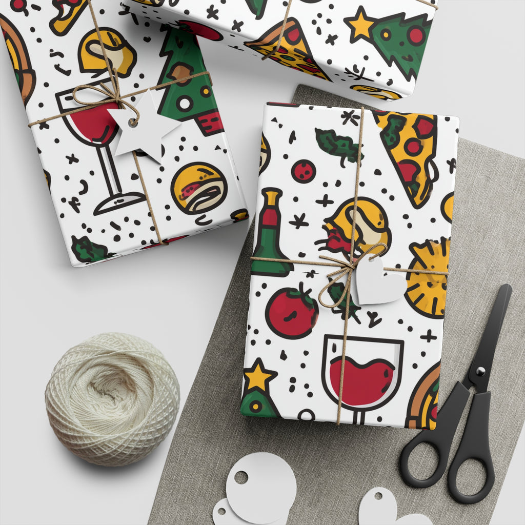 Wrapping Paper, Italian Themed Gift Wrap Sheets with Wine and Pizza Design, Birthday, Christmas, Holidays, 1pc, Decorative Paper Roll,