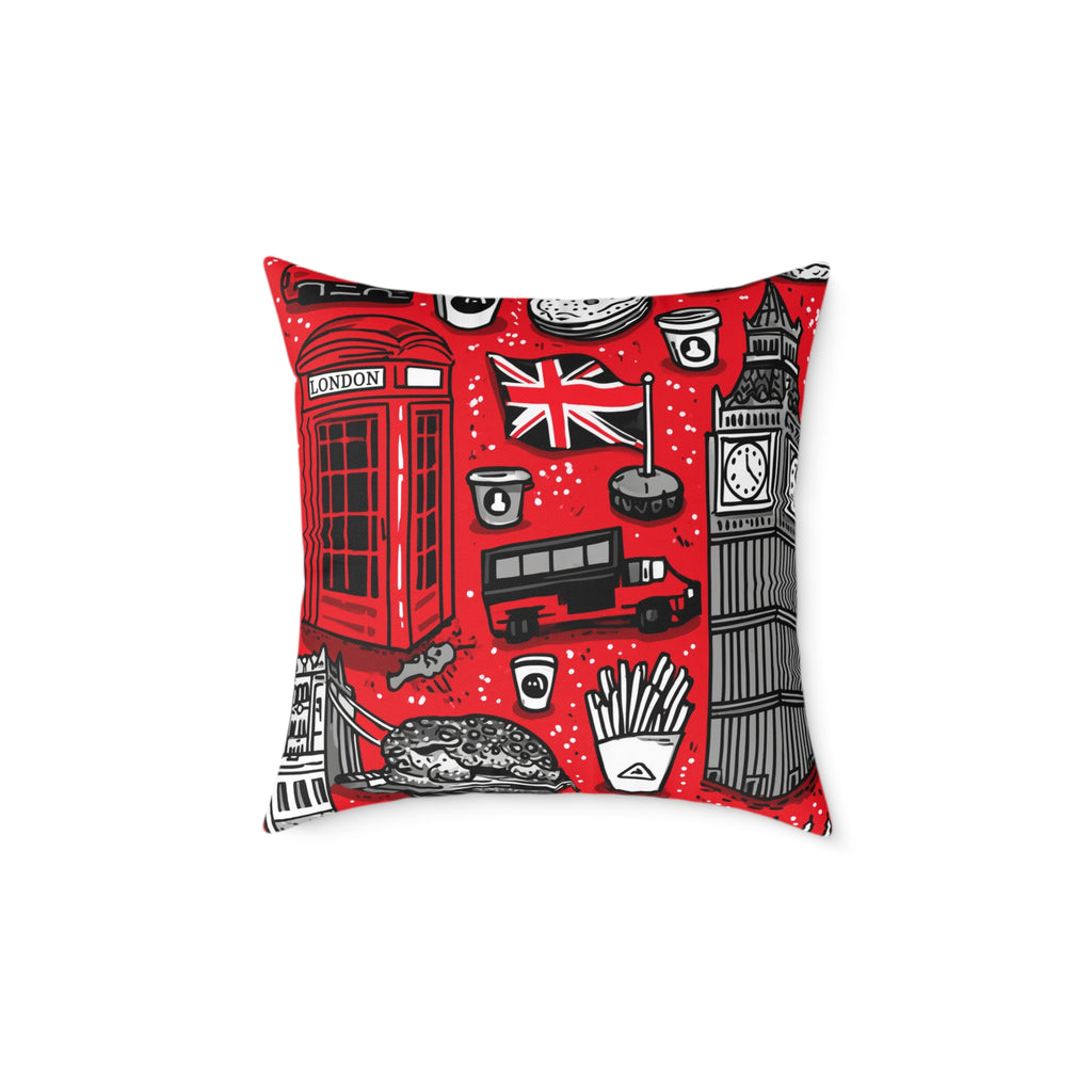 London-Themed Square Poly Canvas Pillow, Unique Home Decor, Cozy Cushion for Travel Lovers, British Inspired Design, Gift for Her