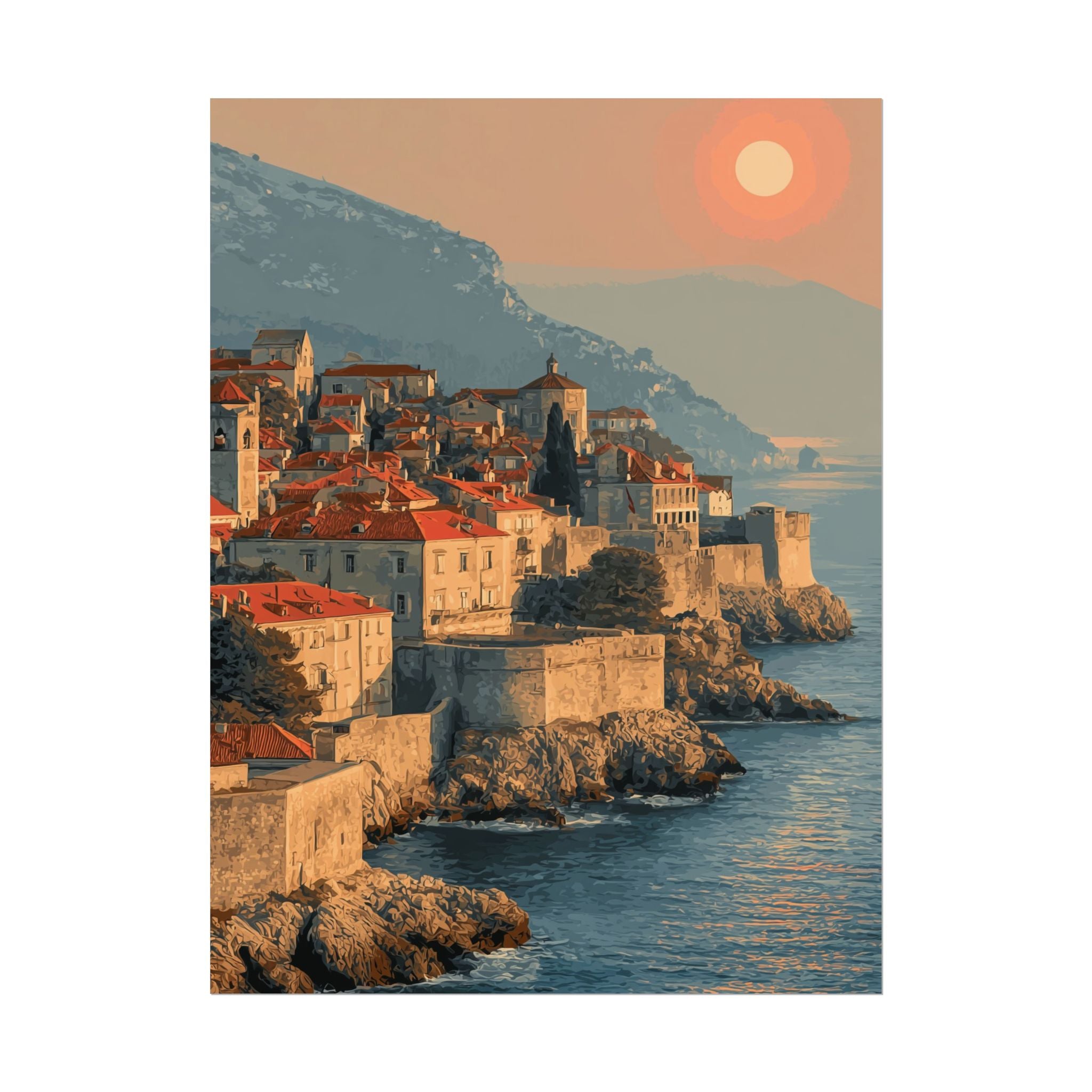 Dubrovnik's Golden Hour: Medieval Coastal Cityscape, Adriatic Sunset Panorama   |    Custom Orders Available