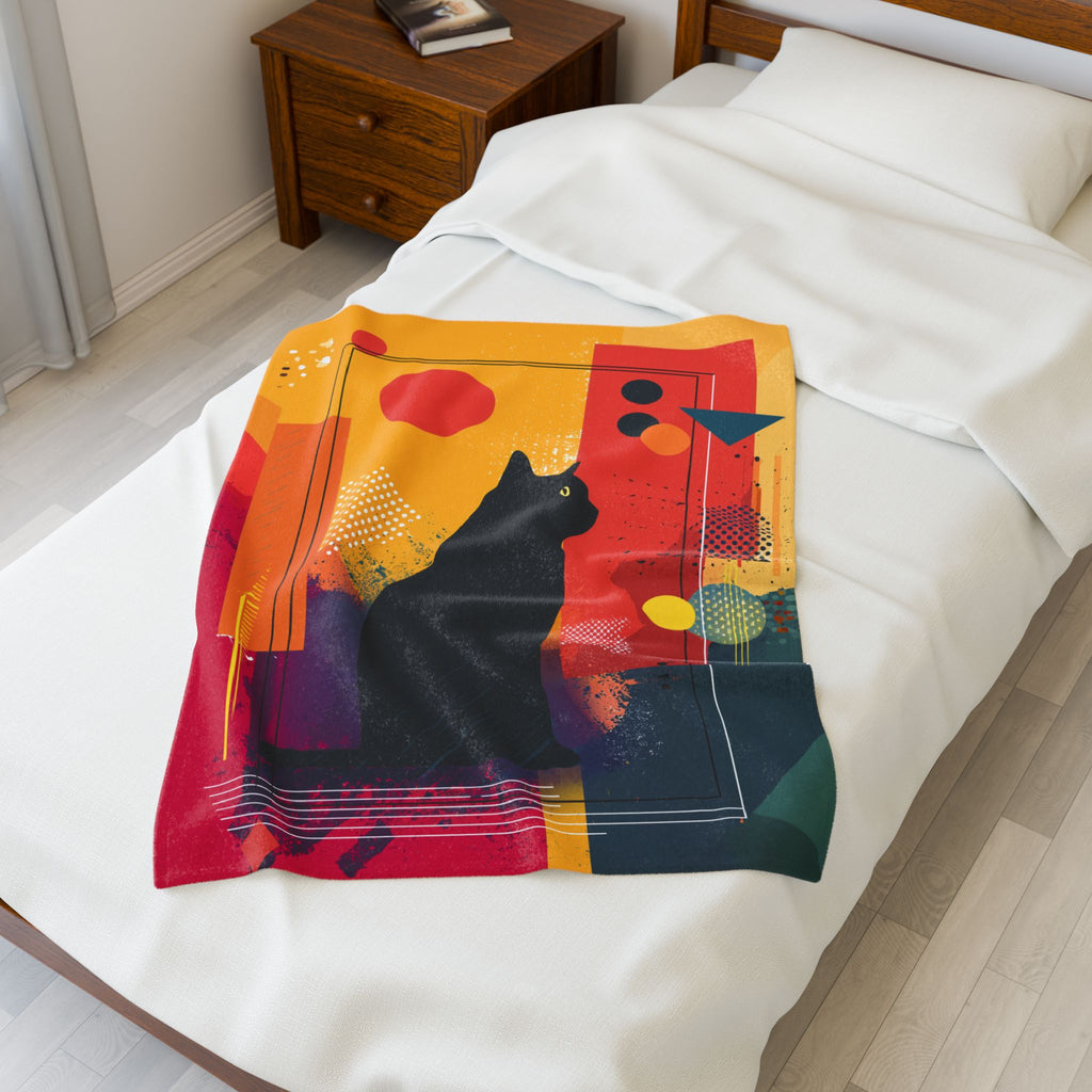 Feline Geometrica Blanket: Black Cat Silhouette, Abstract Color Blocks, Modern Graphic Design   |  Personalized & Custom Orders Available