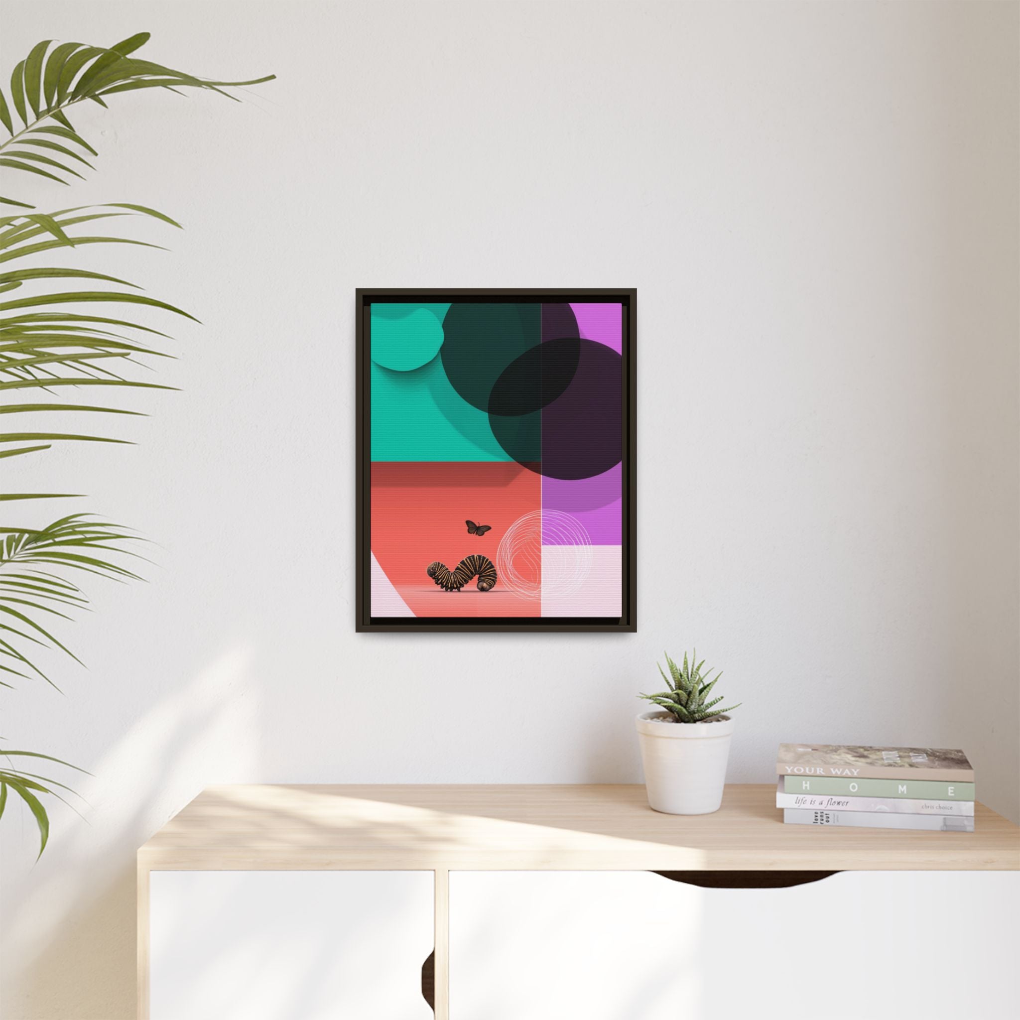 Striped Caterpillar and Butterfly Framed Print , Mid-Century Modern Color Blocks   |  Personalized & Custom Orders Available
