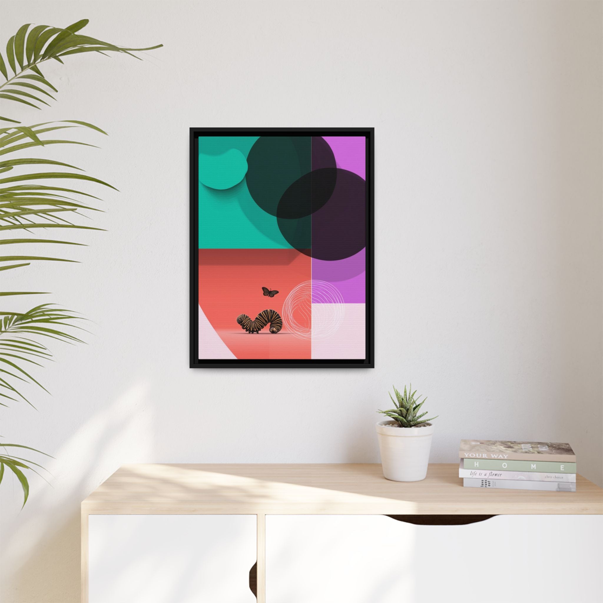 Striped Caterpillar and Butterfly Framed Print , Mid-Century Modern Color Blocks   |  Personalized & Custom Orders Available