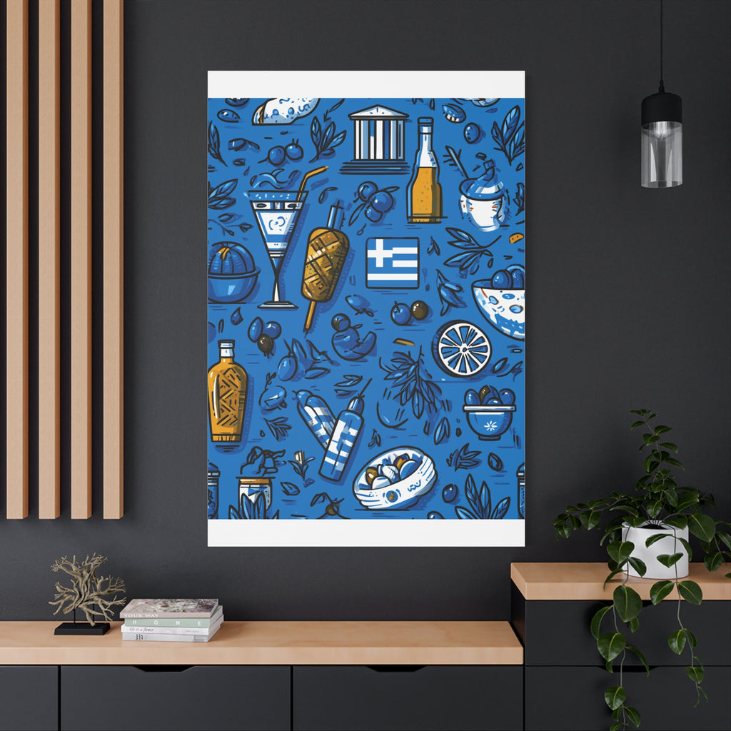 Vibrant Canvas Wall Art, Blue Mediterranean Theme, Kitchen Decor, Greek Party Decor, Olive and Drink Motif
