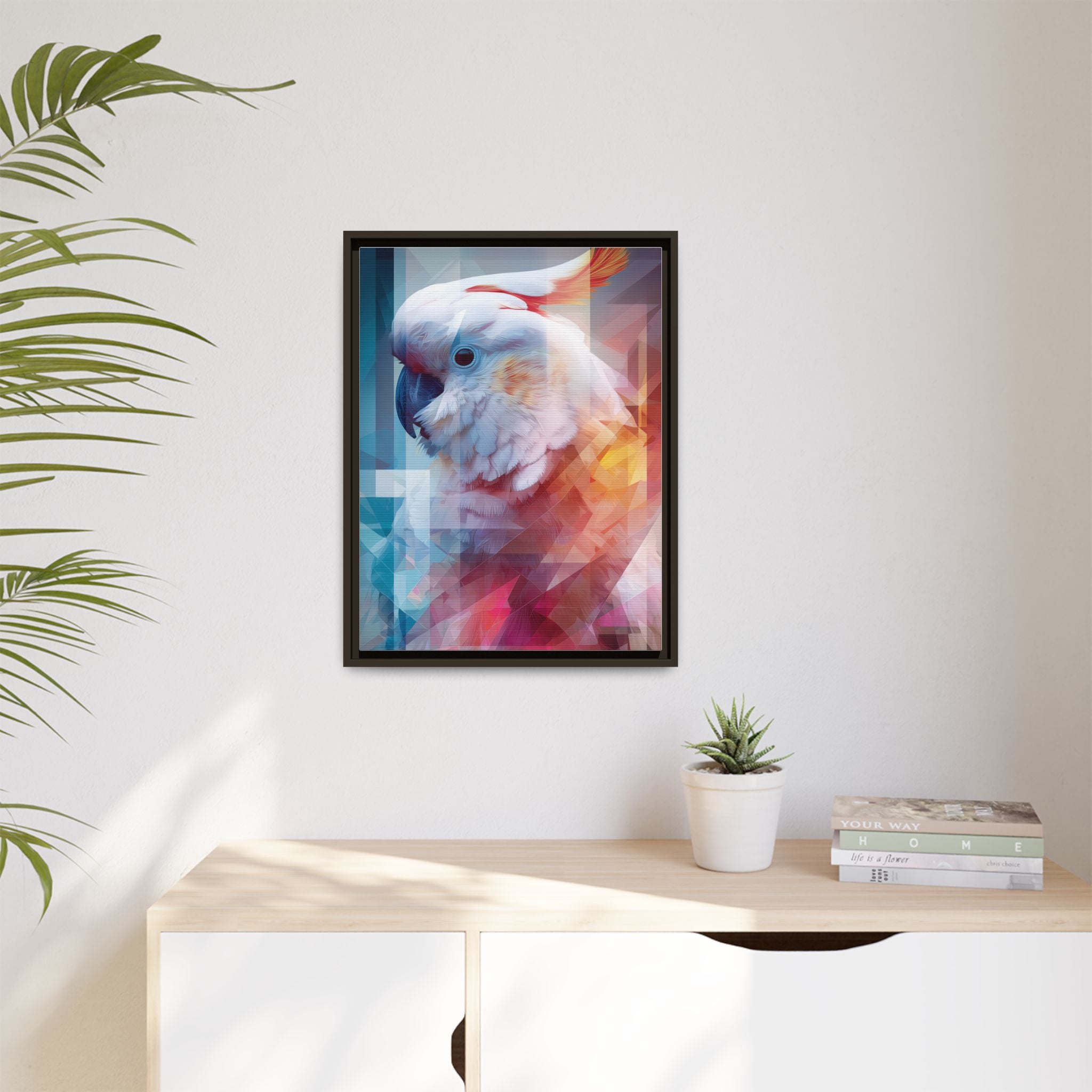 Fractured Cockatoo Framed Print: Geometric Wildlife Art, Low-Poly Digital Illustration   |  Personalized & Custom Orders Available