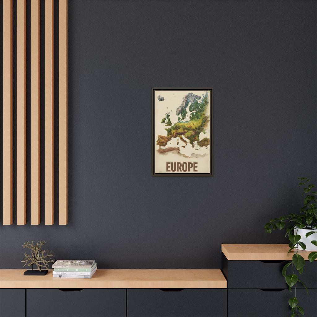 Framed Europe Map Canvas Print — Vintage Landscape Style Wall Art