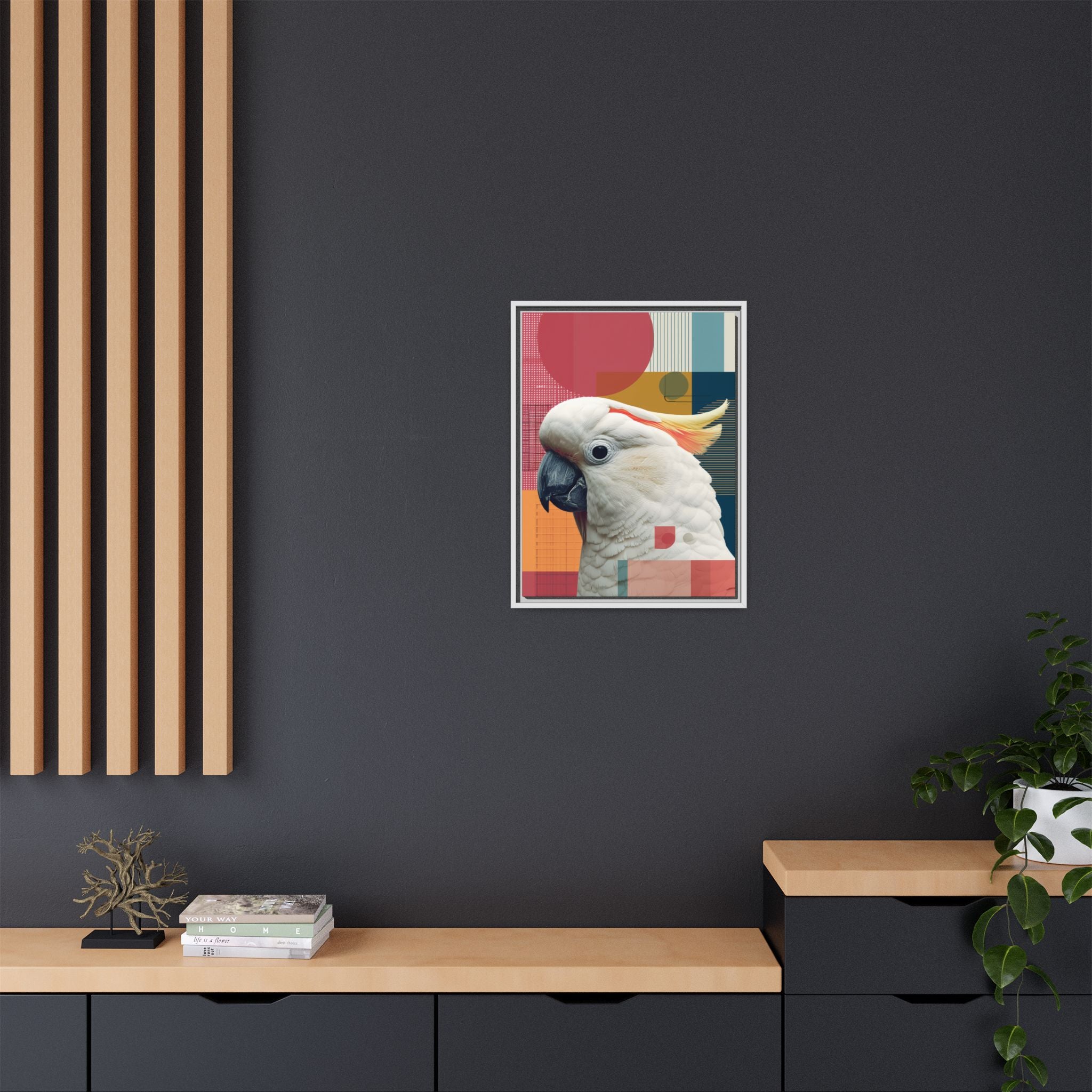 Framed Print, Cockatoo Abstract Geometric Wall Art, Matte Canvas, Colorful Bird Poster, Modern Home Decor, Tropical Animal Painting, Unique
