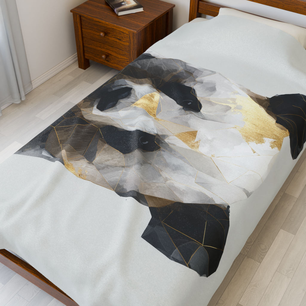 Velveteen Plush Blanket Geometric Panda Blanket: Modern Animal Art, Metallic Gold Design   |  Personalized & Custom Orders Available