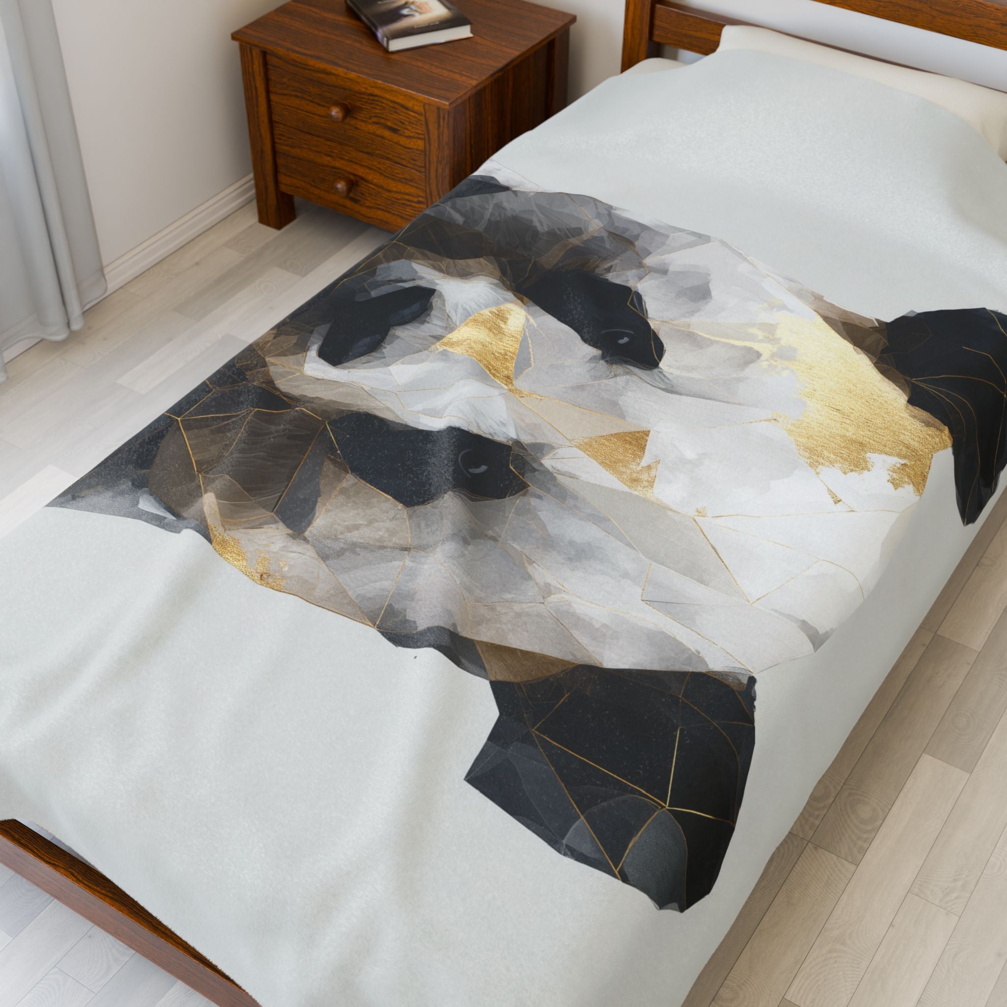 Velveteen Plush Blanket Geometric Panda Blanket: Modern Animal Art, Metallic Gold Design   |  Personalized & Custom Orders Available
