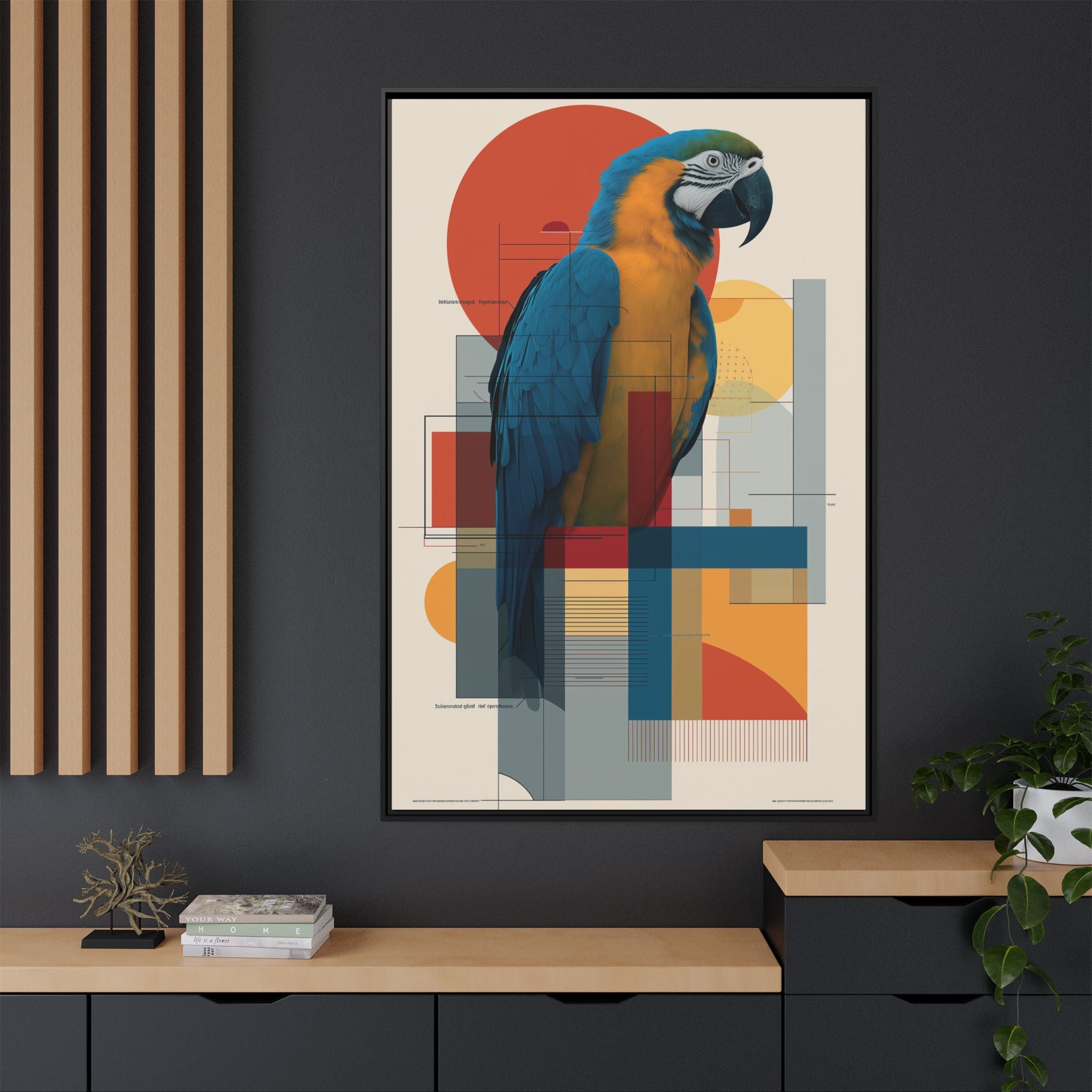 Vibrant Macaw Geometric Framed Print: Avian Realism, Modern Abstract Composition   |  Personalized & Custom Orders Available