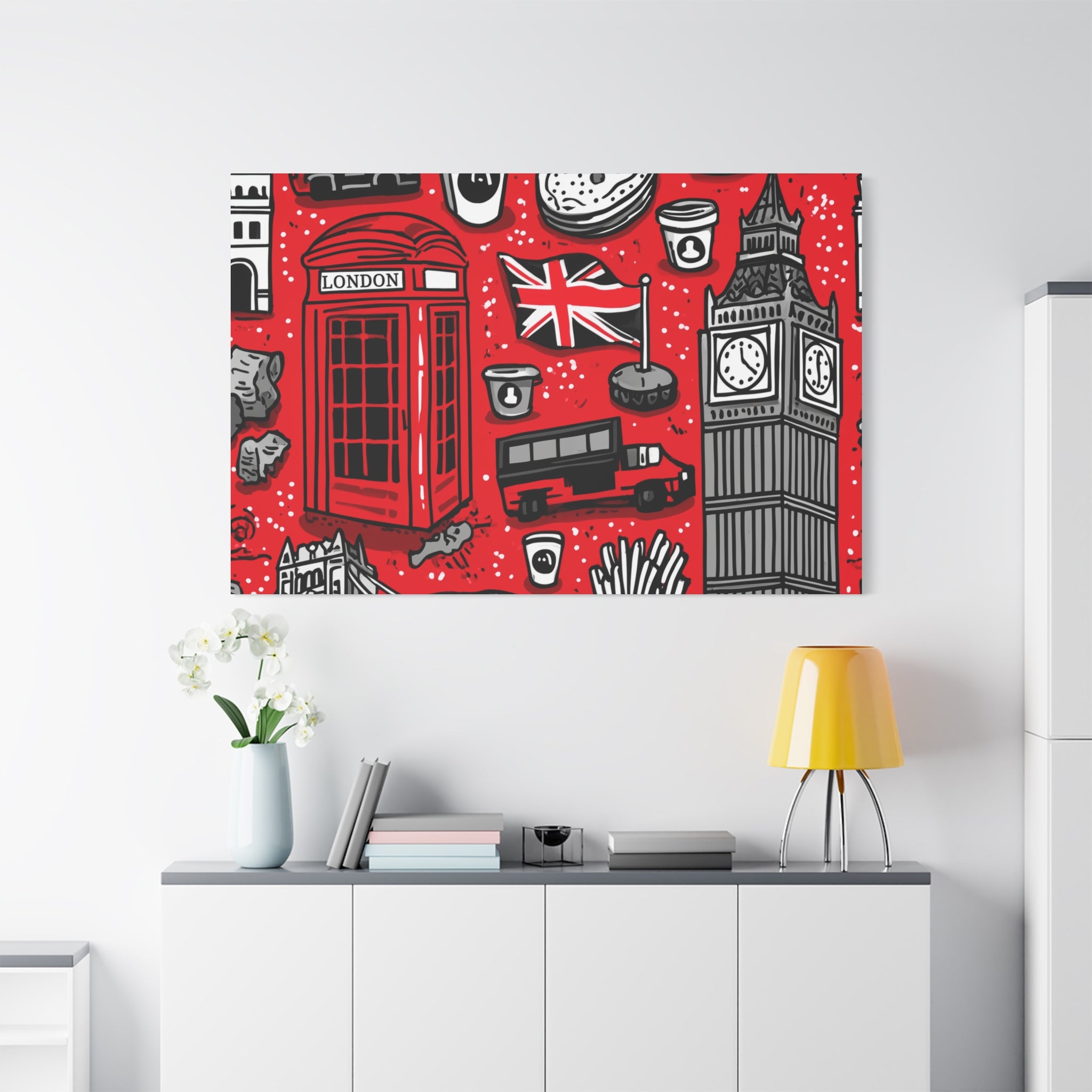 London-Themed Canvas Art, Wall Decor, Home Office Artwork, UK Travel Gift, British Culture Decor, Red and Black Design