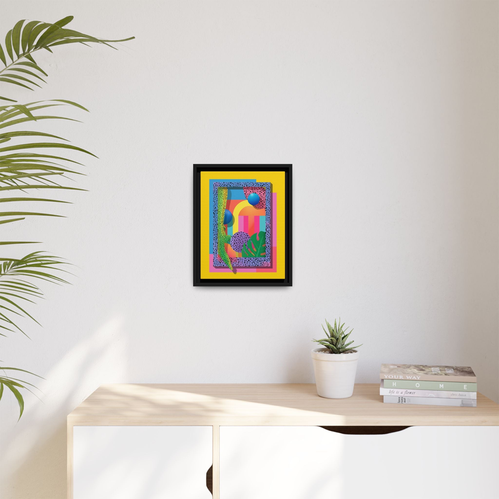 Geometric Rhythms: Abstract Layers of Color, Dimensional Shapes and Tropical Elements, Vibrant Modern Art Composition   |   Custom Orders