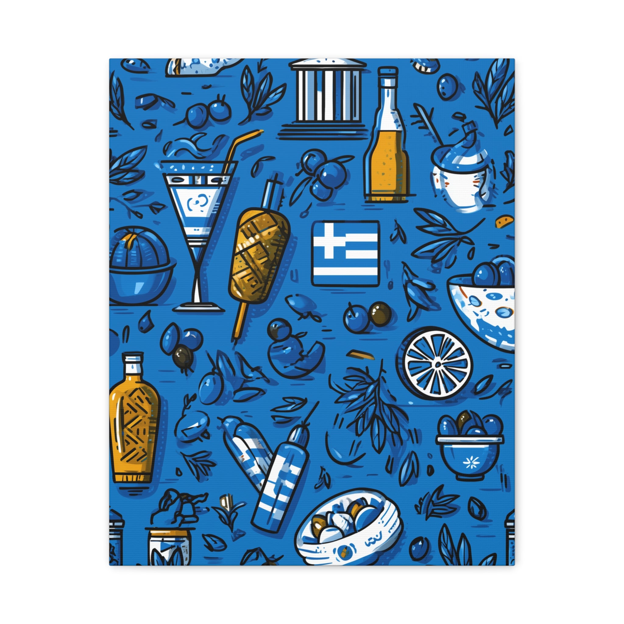 Vibrant Canvas Wall Art, Blue Mediterranean Theme, Kitchen Decor, Greek Party Decor, Olive and Drink Motif