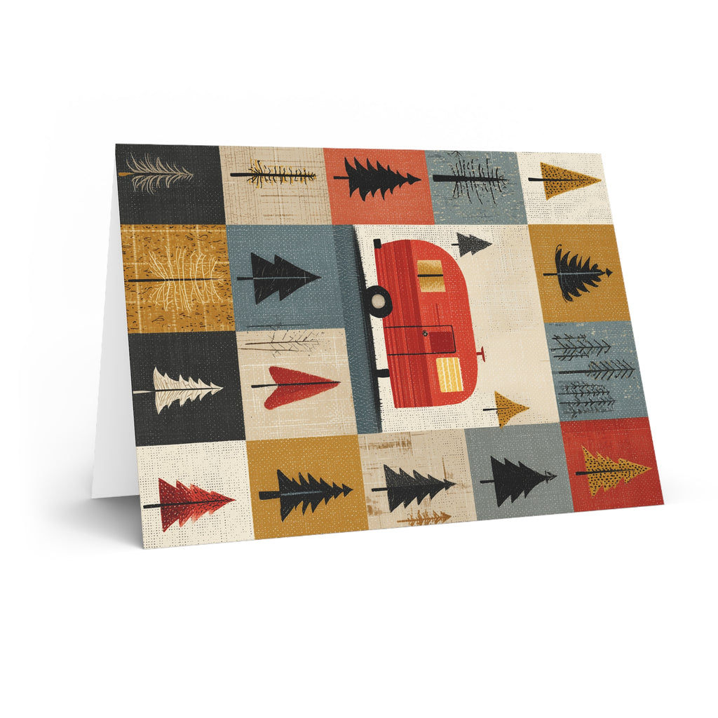 Camping Caravan Greeting Card — Retro Camper & Pine Trees Note Card