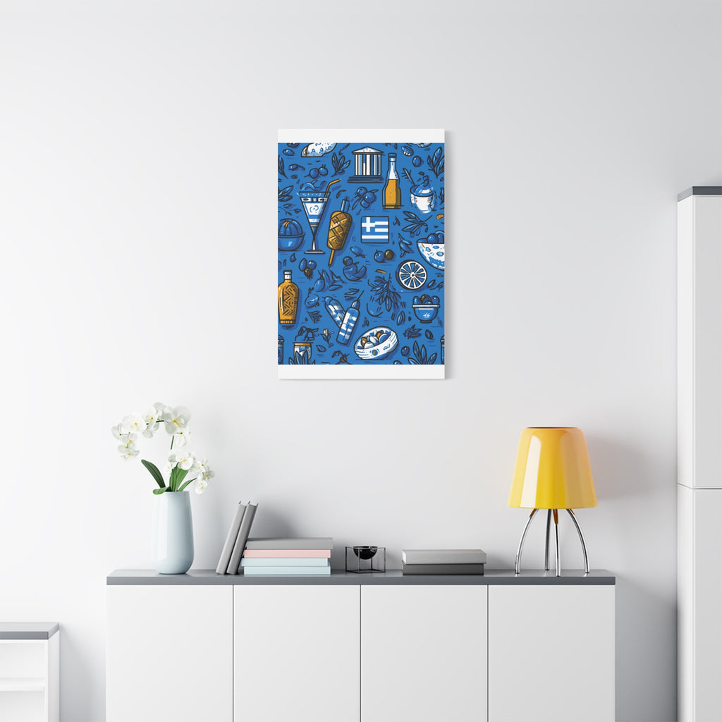 Vibrant Canvas Wall Art, Blue Mediterranean Theme, Kitchen Decor, Greek Party Decor, Olive and Drink Motif