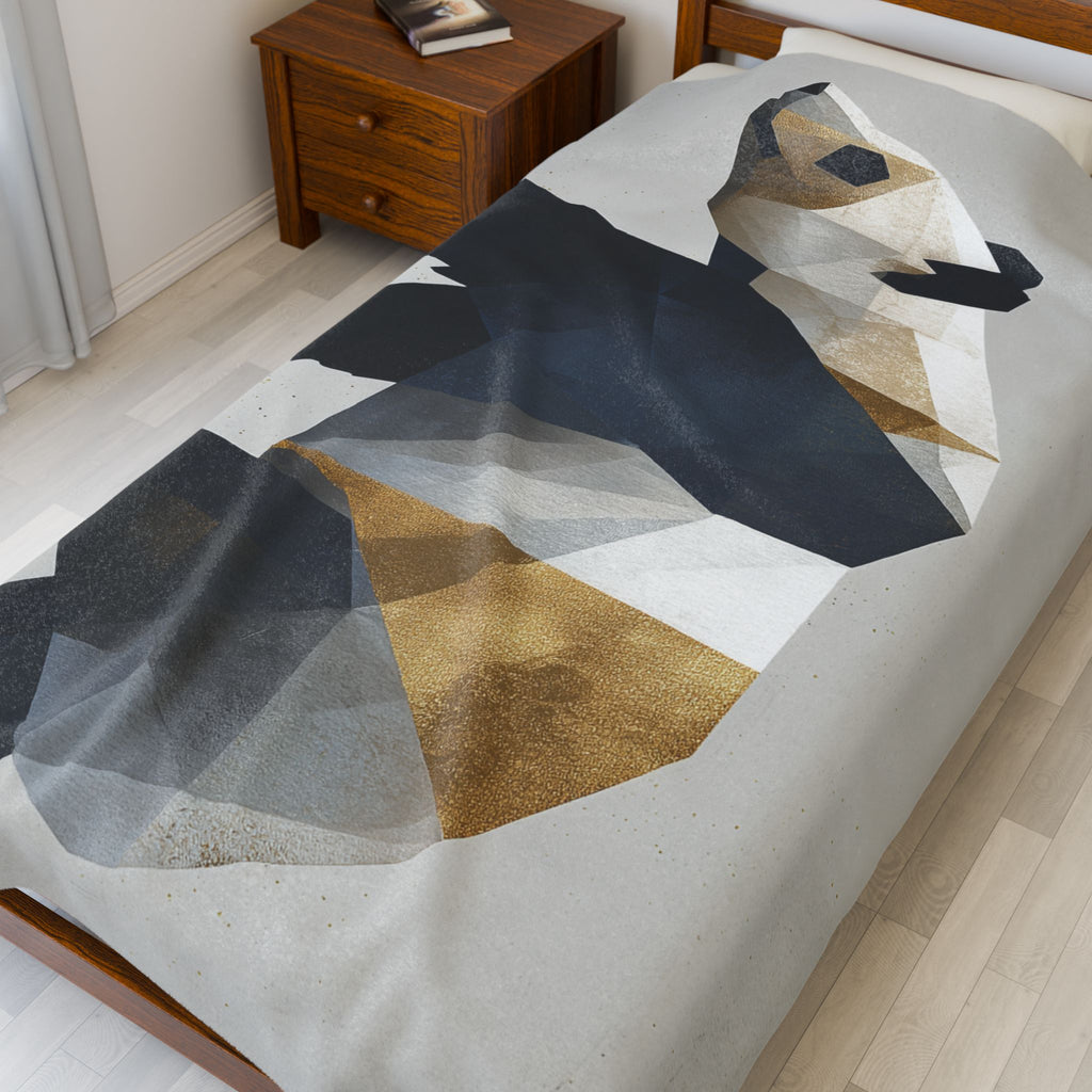 Velveteen Plush Geometric Panda Blanket: , Modern Minimalist Design, Gold and Monochrome Illustration   |  Personalized & Custom Order