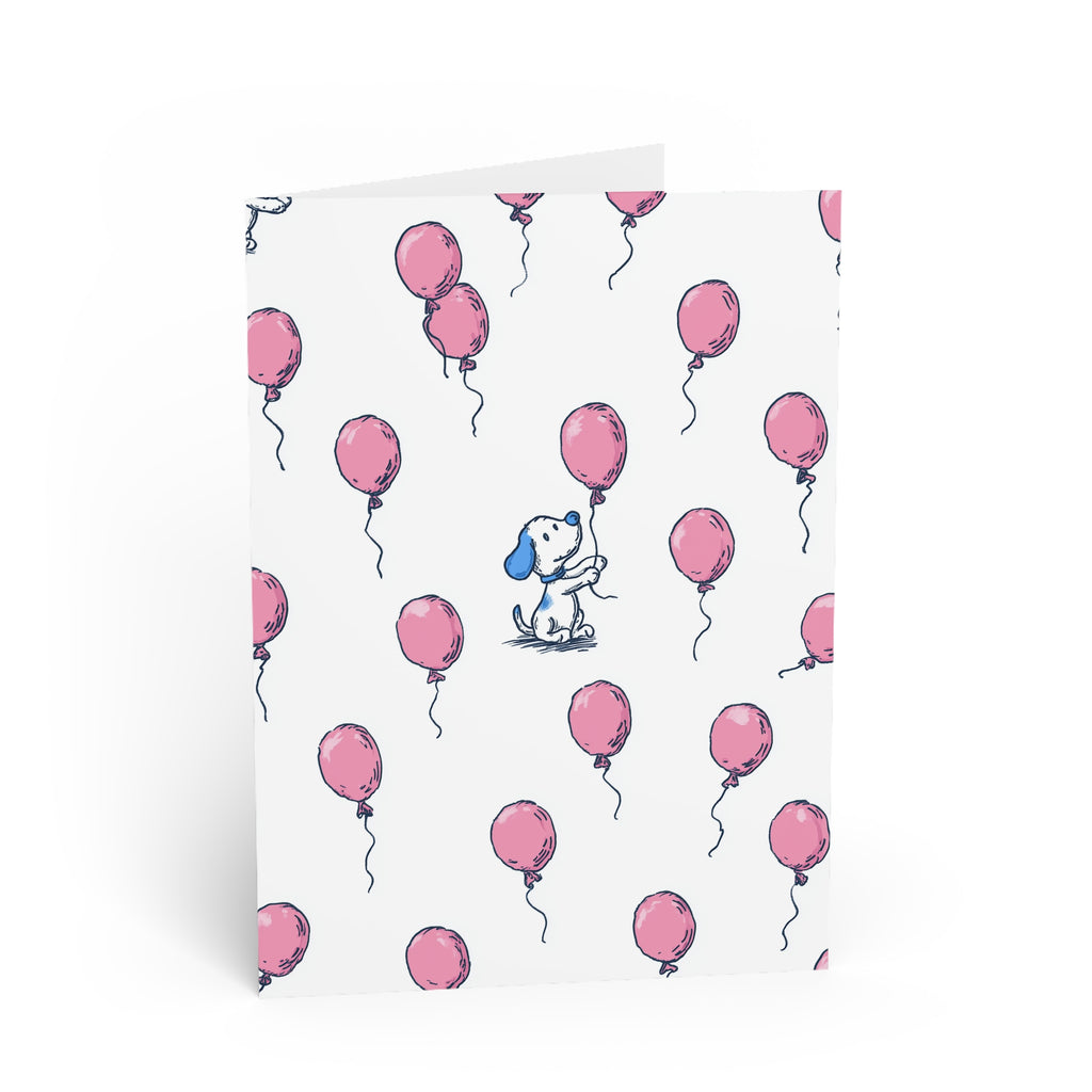 Greeting Card — Cute Puppy with Pink Balloons (Birthday, Baby Shower, New Baby)