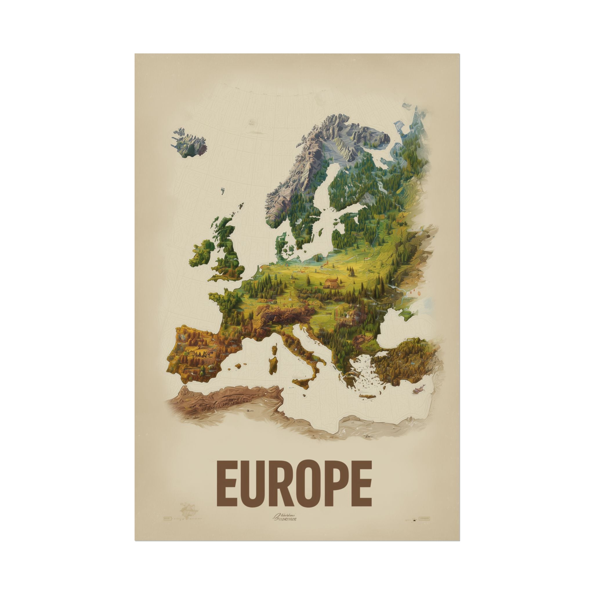 Europe Map Poster — Vintage Nature Scenic Travel Wall Art (Rolled Poster)