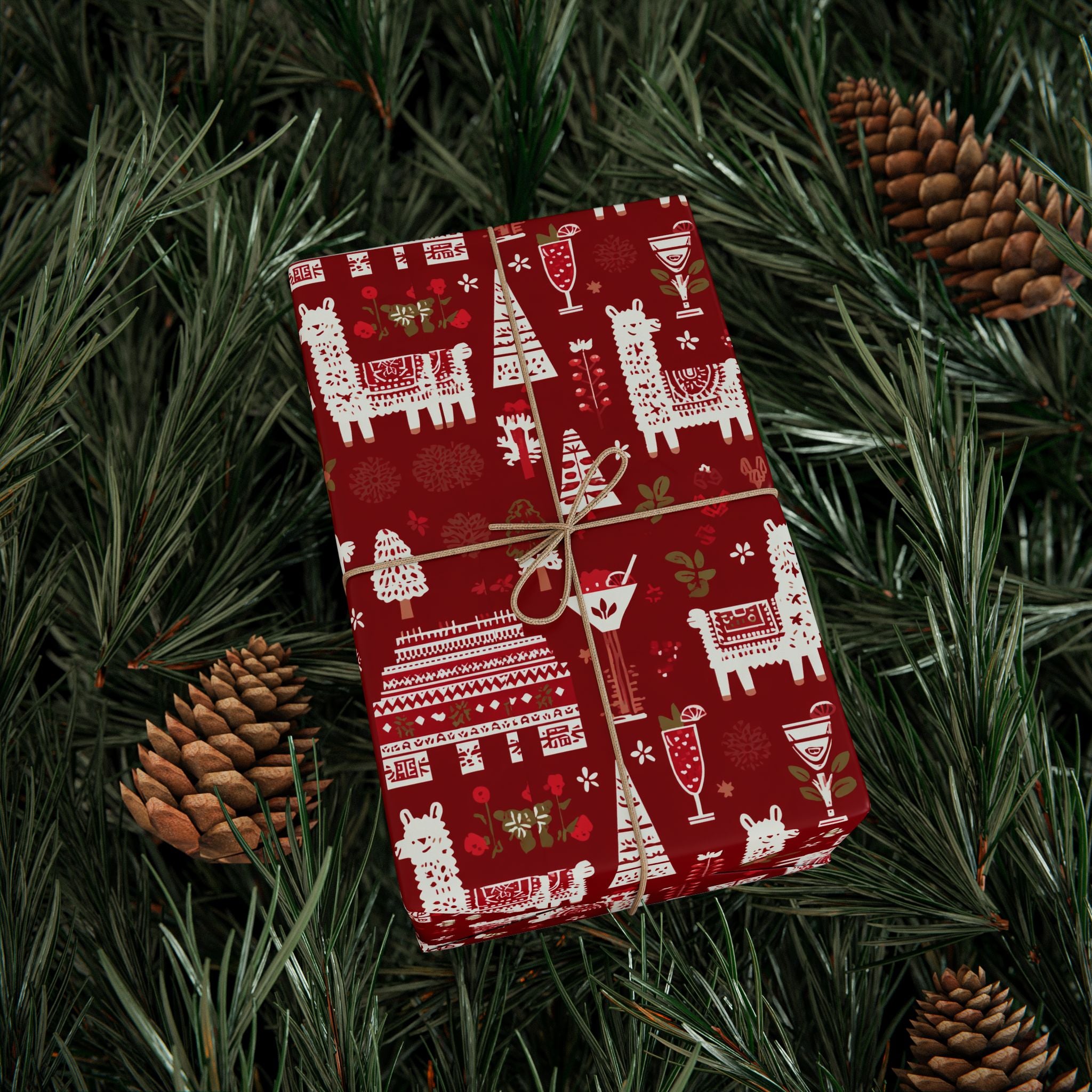Christmas Wrapping Paper Roll — Red Nordic Reindeer & Tree Holiday Print