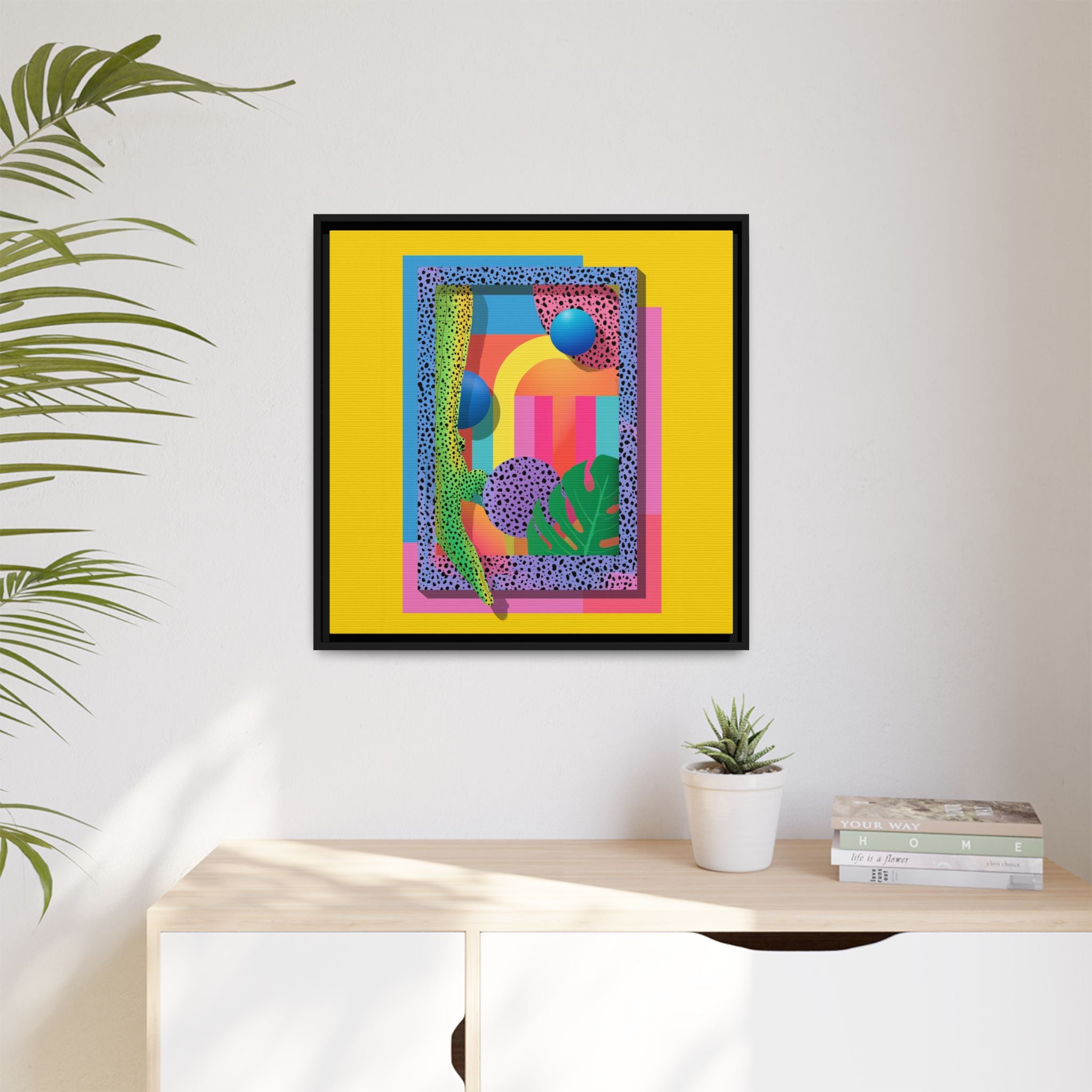 Geometric Rhythms: Abstract Layers of Color, Dimensional Shapes and Tropical Elements, Vibrant Modern Art Composition   |   Custom Orders
