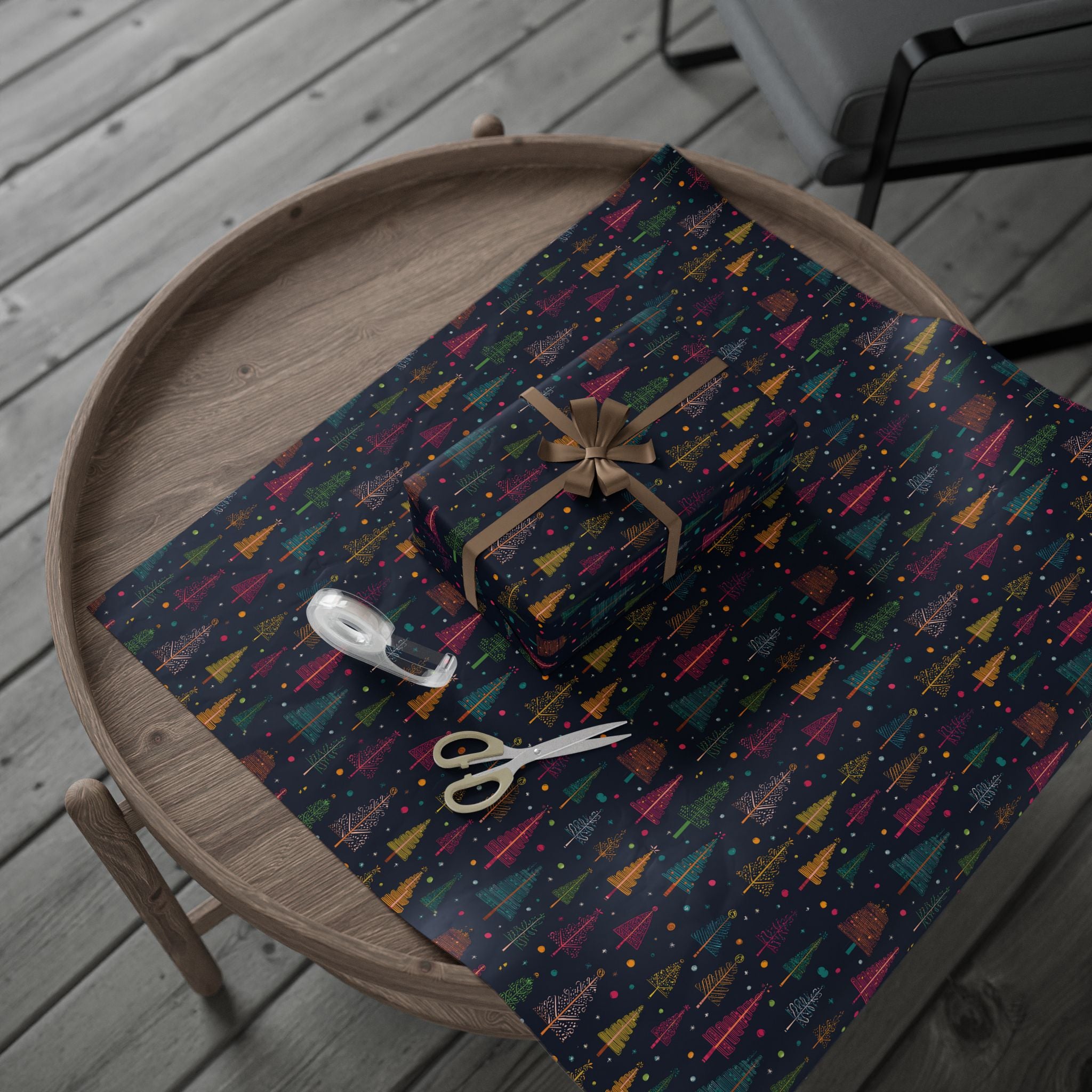 Christmas Tree Wrapping Paper Roll – Dark Navy Holiday Gift Wrap with Colorful Trees
