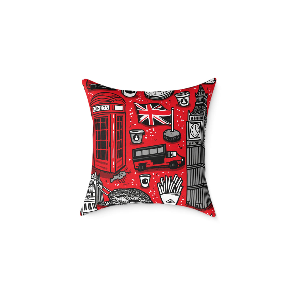 London-Themed Square Poly Canvas Pillow, Unique Home Decor, Cozy Cushion for Travel Lovers, British Inspired Design, Gift for Her