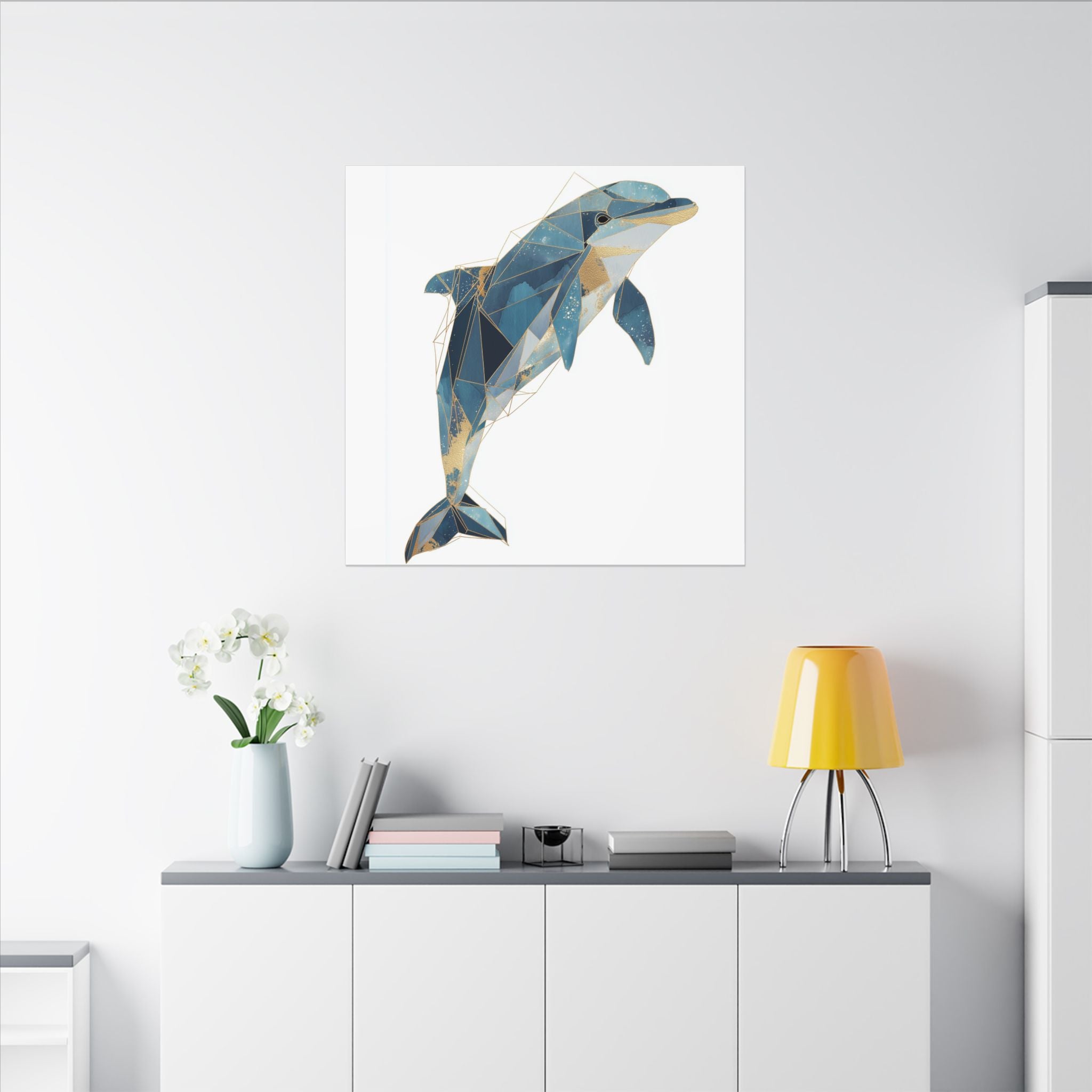 Celestial Dolphin: Geometric Marine Art, Low-Poly Oceanic Design, Blue and Gold Abstraction   |  Personalized & Custom Orders Available