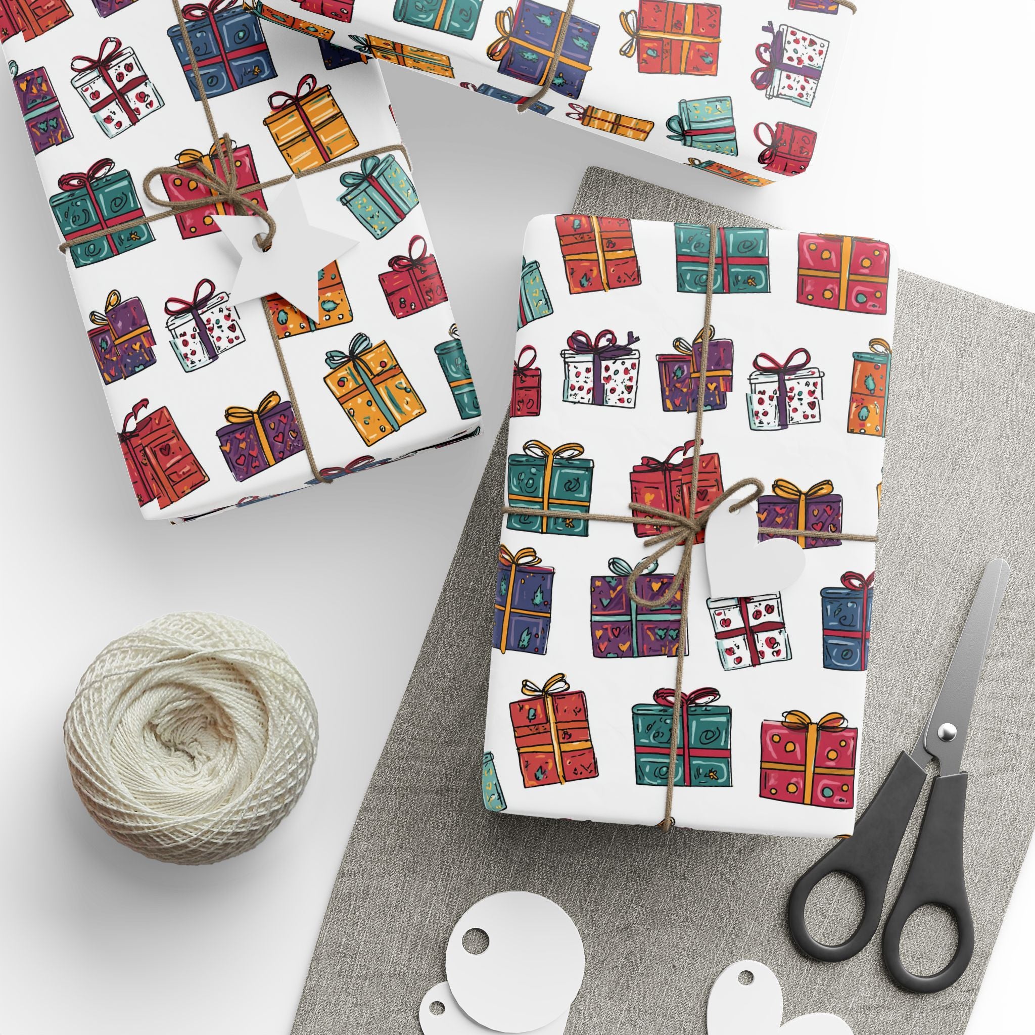 Gift Wrap Paper Roll — Colorful Hand-Drawn Presents Pattern