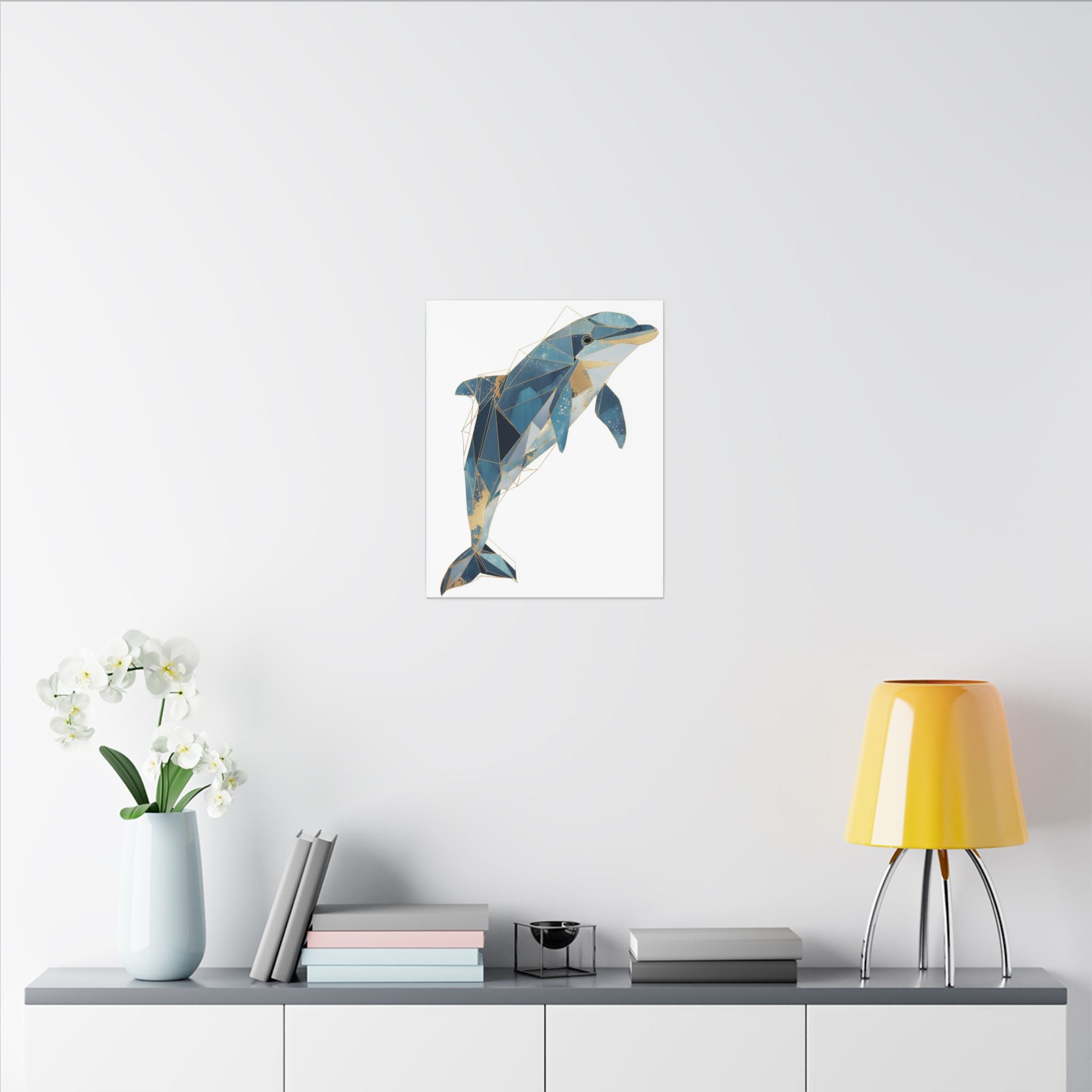 Celestial Dolphin: Geometric Marine Art, Low-Poly Oceanic Design, Blue and Gold Abstraction   |  Personalized & Custom Orders Available