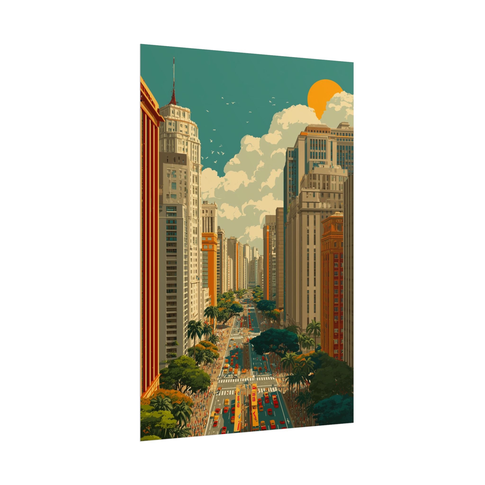 Urban Vibrancy: Retro Sao Paulo Skyline, Mid-Century Modern Cityscape   |    Custom Orders Available