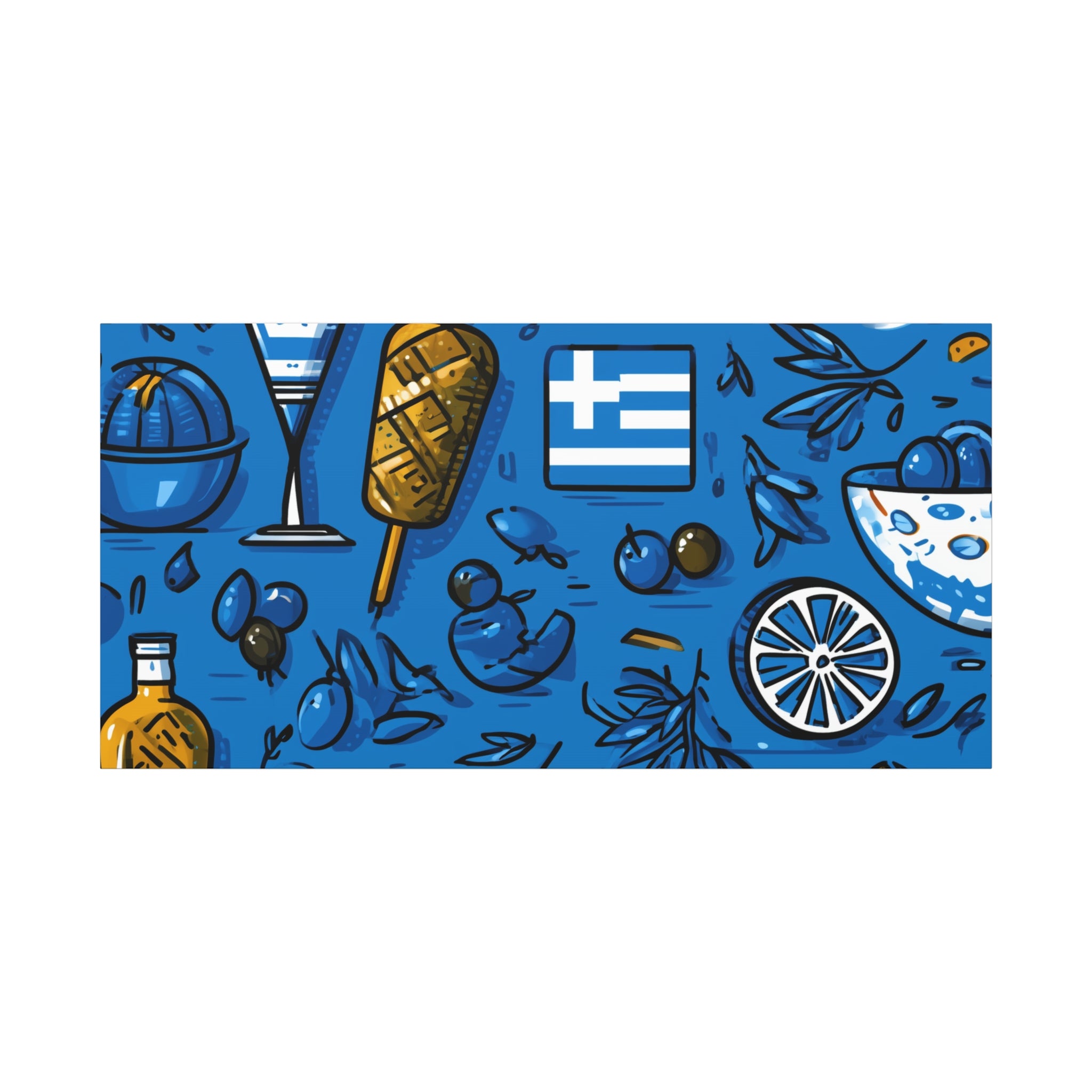 Vibrant Canvas Wall Art, Blue Mediterranean Theme, Kitchen Decor, Greek Party Decor, Olive and Drink Motif
