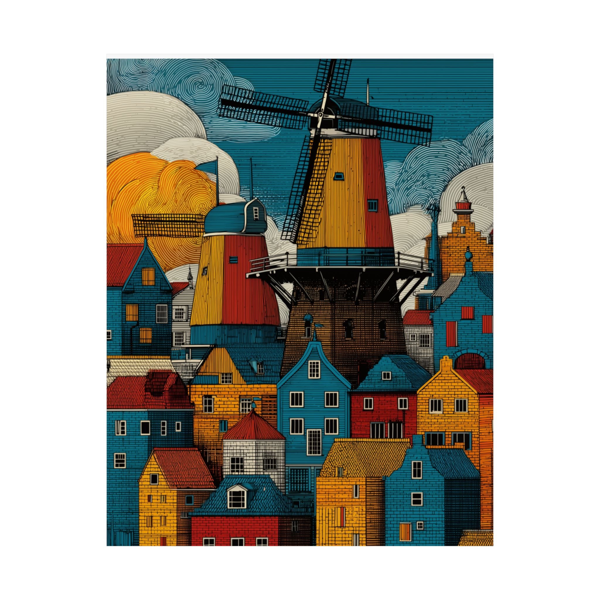 Colorful Windmill Art Print, Home Decor, Vintage Poster, Landscape Wall Art, Gift for Housewarming, Dutch Art Decoration