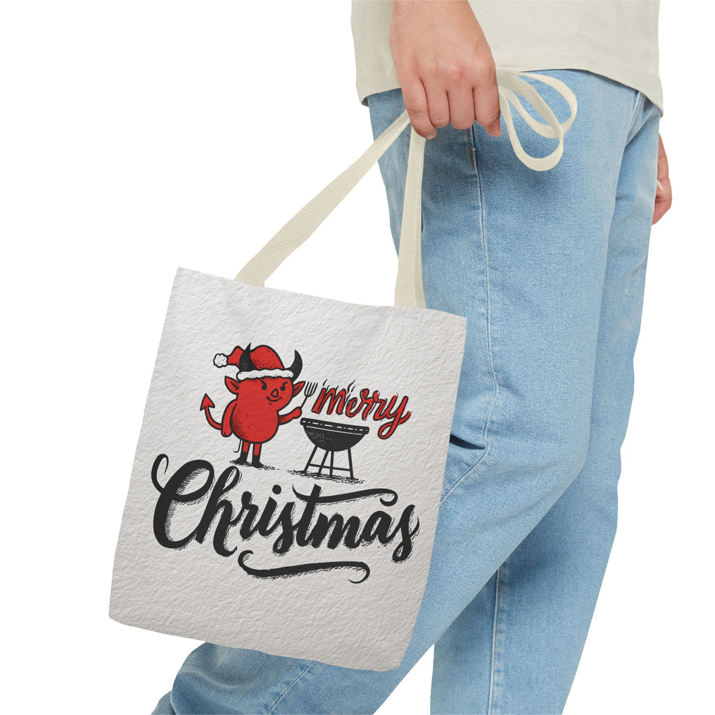 Festive Tote Bag, Christmas Gift, Holiday Shopping Bag, Red Devil BBQ Design, Merry Christmas Tote