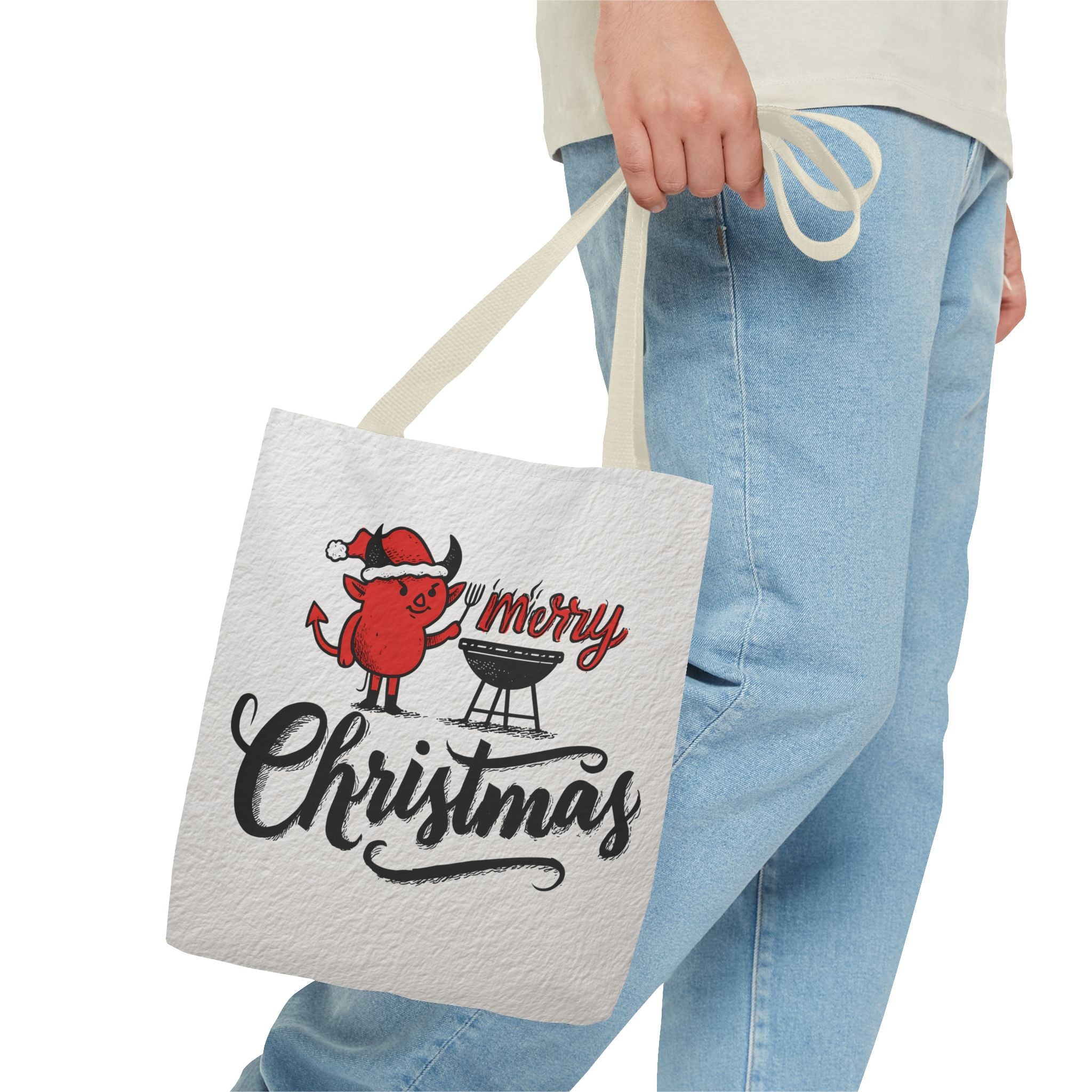 Festive Tote Bag, Christmas Gift, Holiday Shopping Bag, Red Devil BBQ Design, Merry Christmas Tote