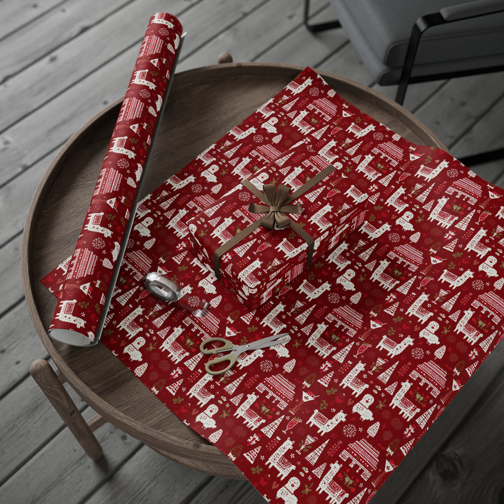 Christmas Wrapping Paper Roll — Red Nordic Reindeer & Tree Holiday Print