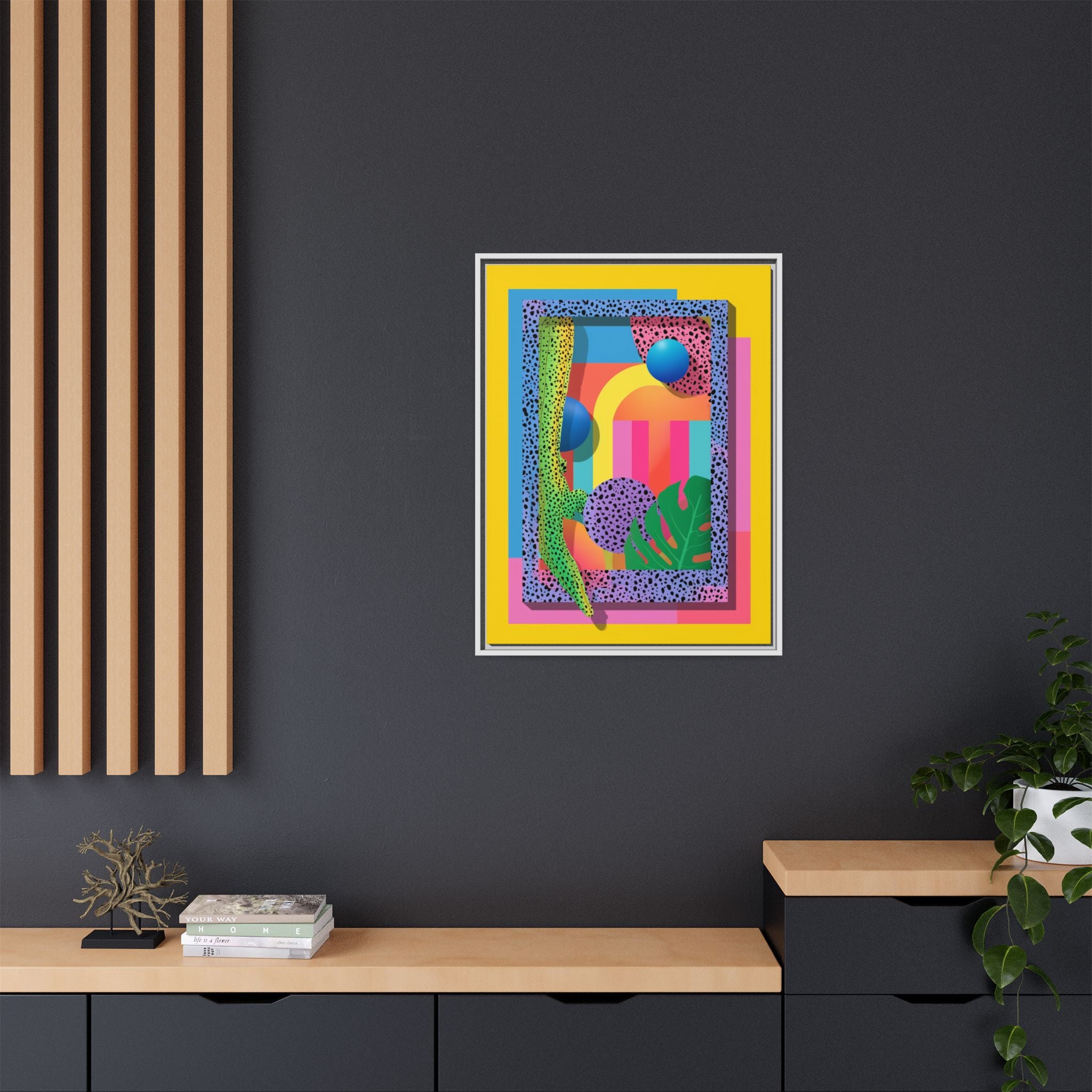 Geometric Rhythms: Abstract Layers of Color, Dimensional Shapes and Tropical Elements, Vibrant Modern Art Composition   |   Custom Orders
