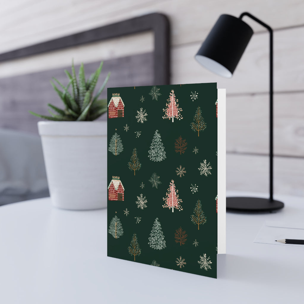 Holiday Tree Pattern Greeting Card — Festive Christmas Card with Cozy Cabin & Snowflakes