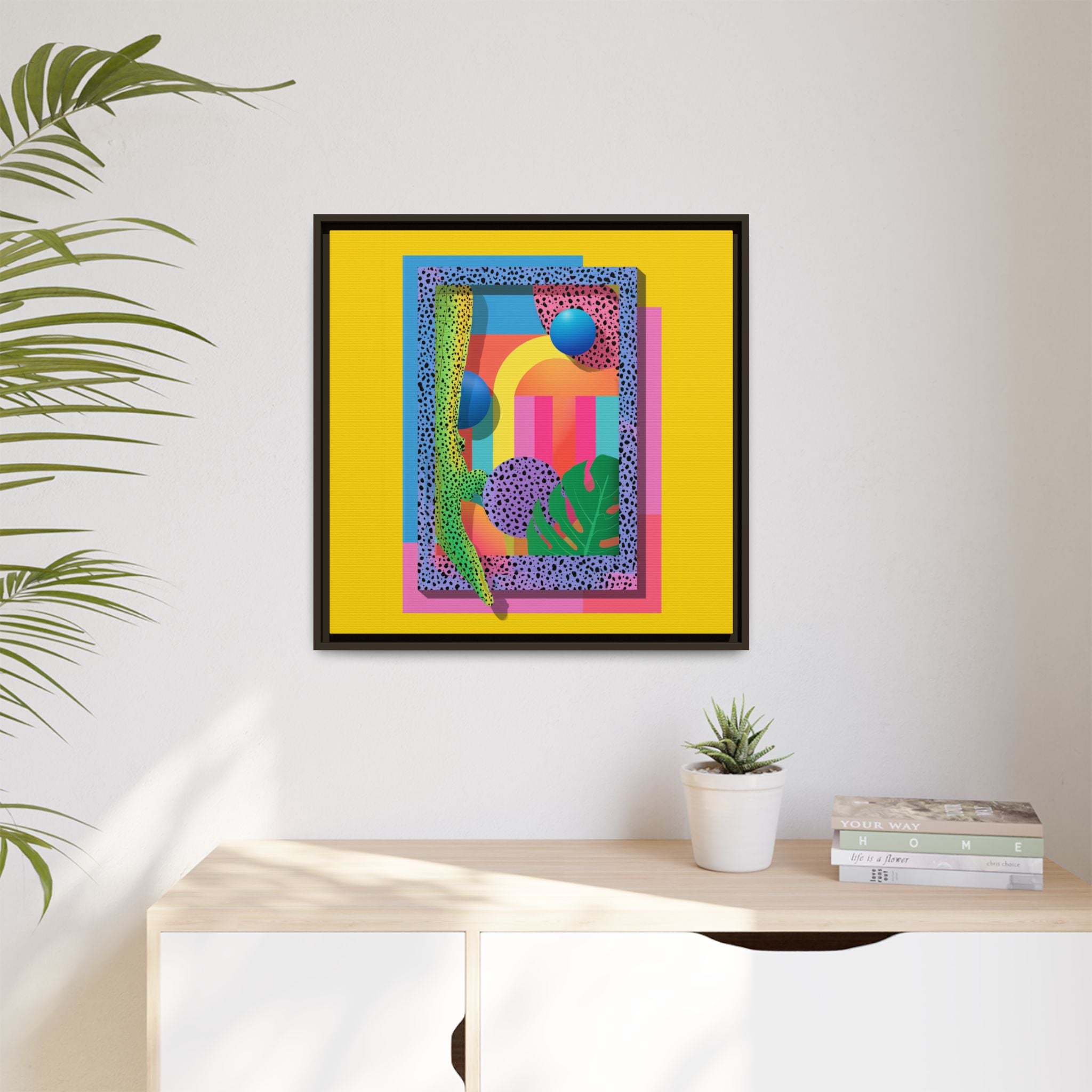Geometric Rhythms: Abstract Layers of Color, Dimensional Shapes and Tropical Elements, Vibrant Modern Art Composition   |   Custom Orders
