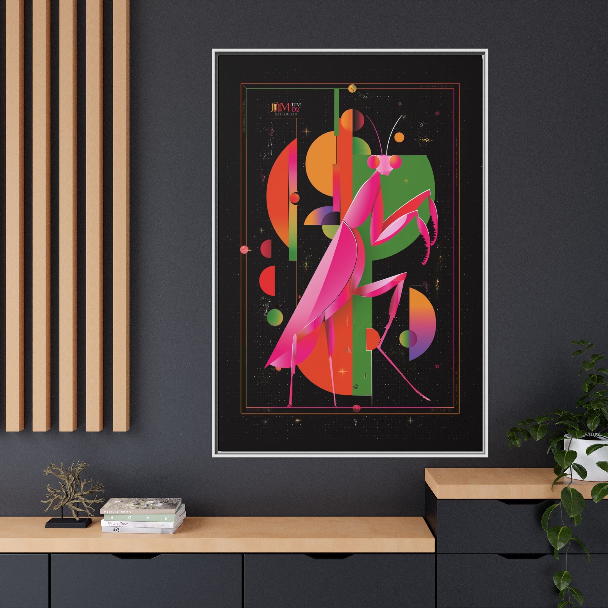 Cosmic Mantis Framed Print: Geometric Space Odyssey, Cubist Insect Illustration   |  Personalized & Custom Orders Available